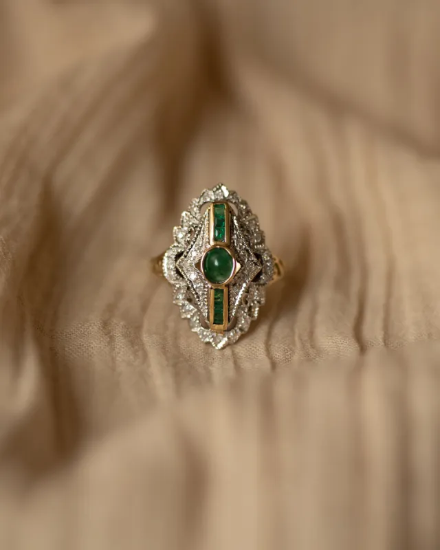 Marina Vintage 14ct Gold Emerald & Diamond Navette Ring sold by Rock n Rose