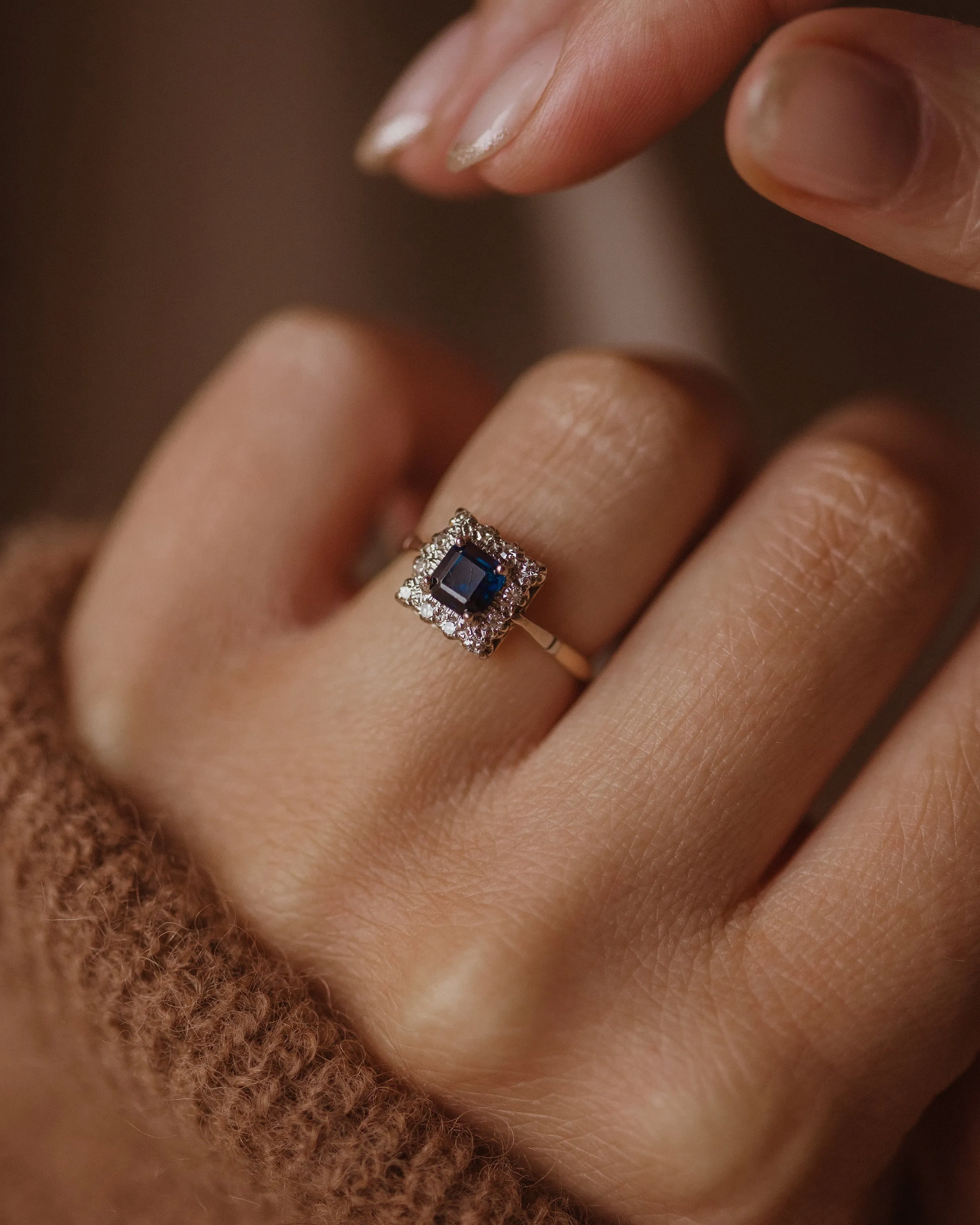 Esther Vintage 18ct Gold Sapphire & Diamond Square Cluster Ring sold by Rock n Rose
