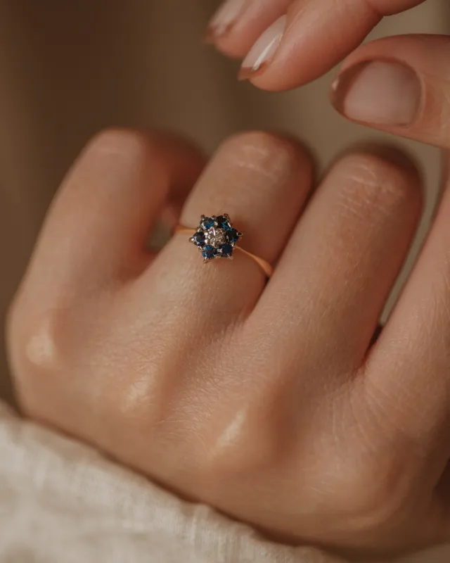 Mary 1965 Vintage 18ct Gold Sapphire & Diamond Flower Cluster Ring sold by Rock n Rose