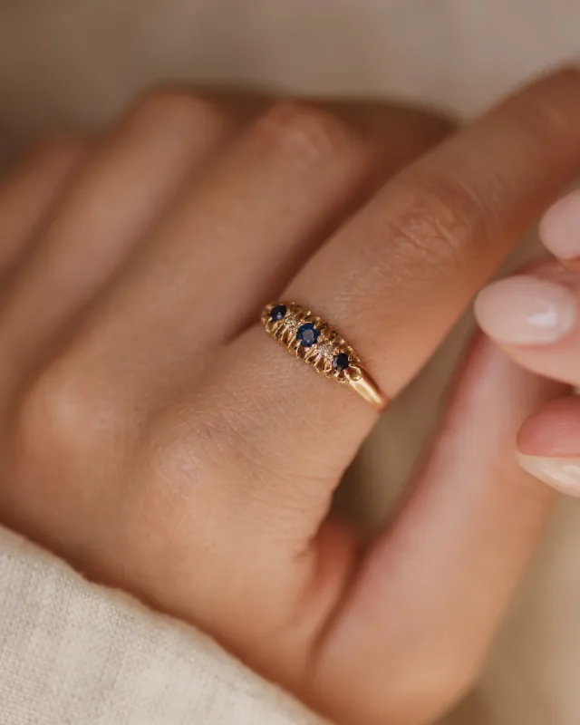 Posey Antique 18ct Gold Sapphire & Diamond Five Stone Ring sold by Rock n Rose