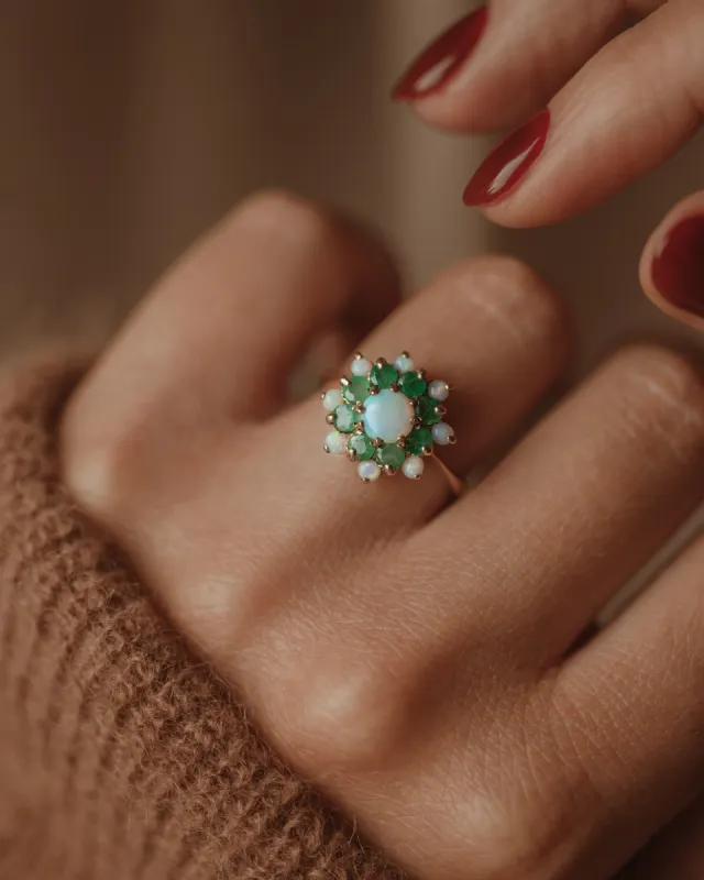 Stella 1985 Vintage 9ct Gold Opal & Emerald Cluster Ring sold by Rock n Rose