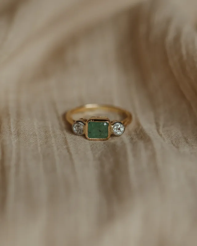 Babette Vintage 18ct Gold Emerald & Diamond Trilogy Ring sold by Rock n Rose