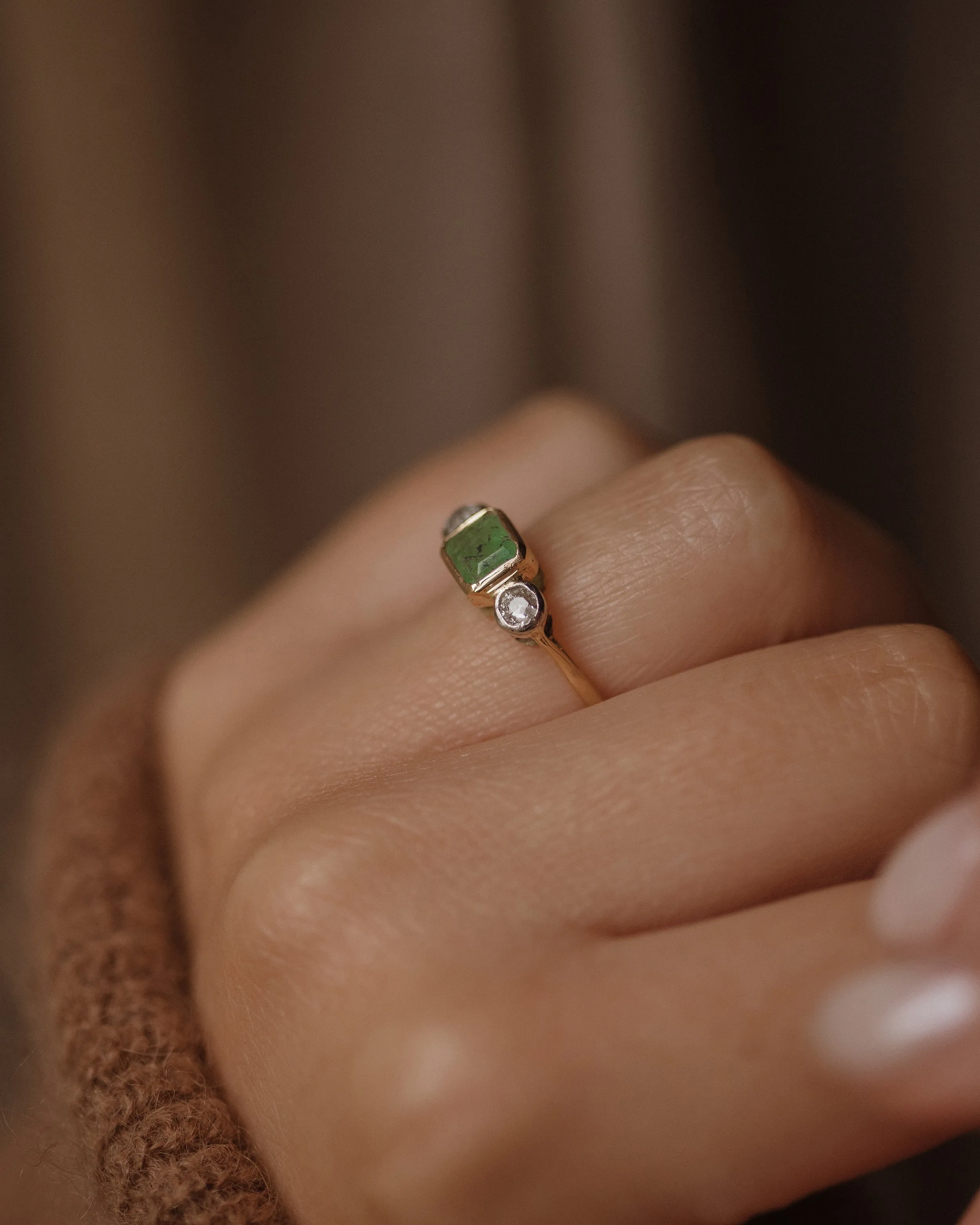 Babette Vintage 18ct Gold Emerald & Diamond Trilogy Ring sold by Rock n Rose product image thumbnail 3