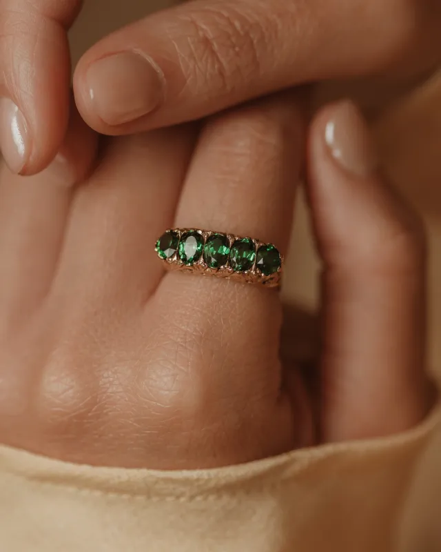 Emelie 1975 Vintage 9ct Gold Five Stone Green Spinel Ring sold by Rock n Rose