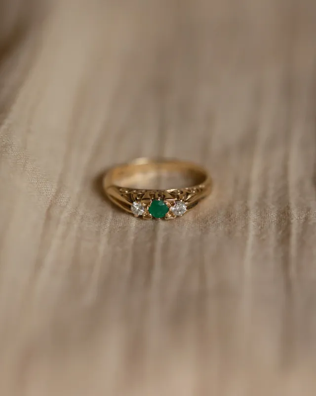 Freda Vintage 9ct Gold Emerald & Diamond Trilogy Ring sold by Rock n Rose