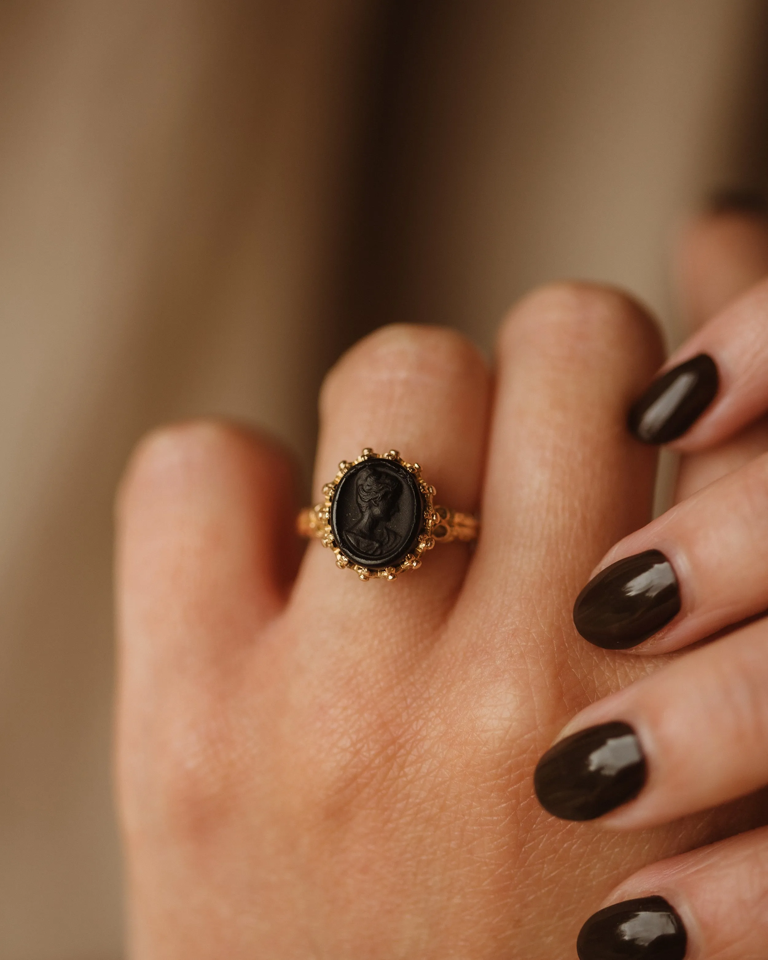 Emma Antique 9ct Gold Black Onyx Cameo Ring sold by Rock n Rose
