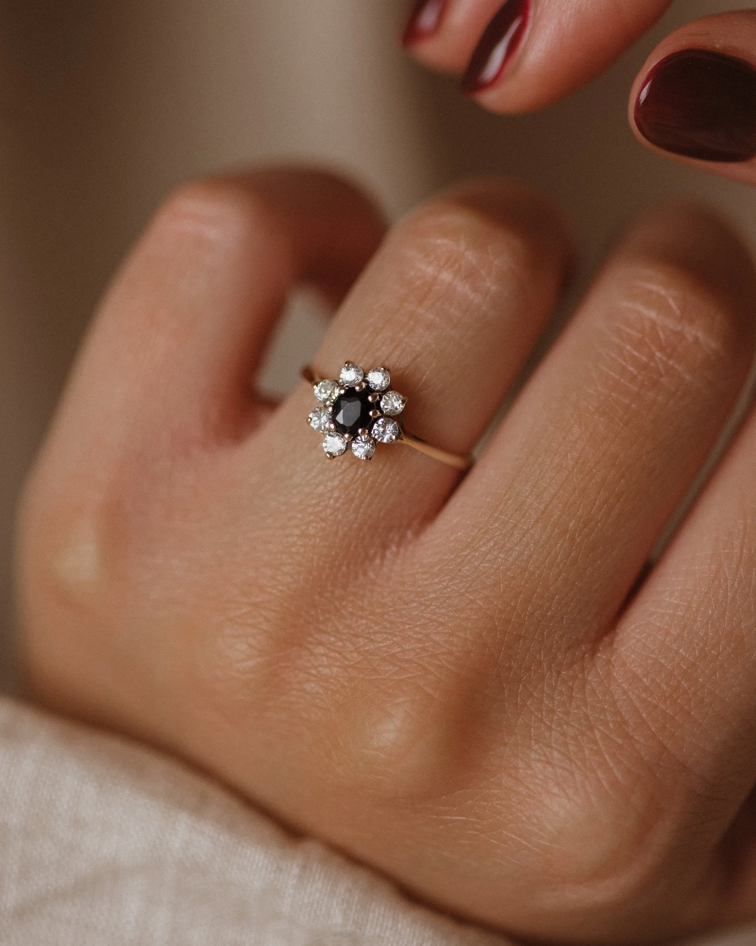 Georgia 1987 Vintage 9ct Gold Sapphire & Cubic Zircon Cluster Ring sold by Rock n Rose