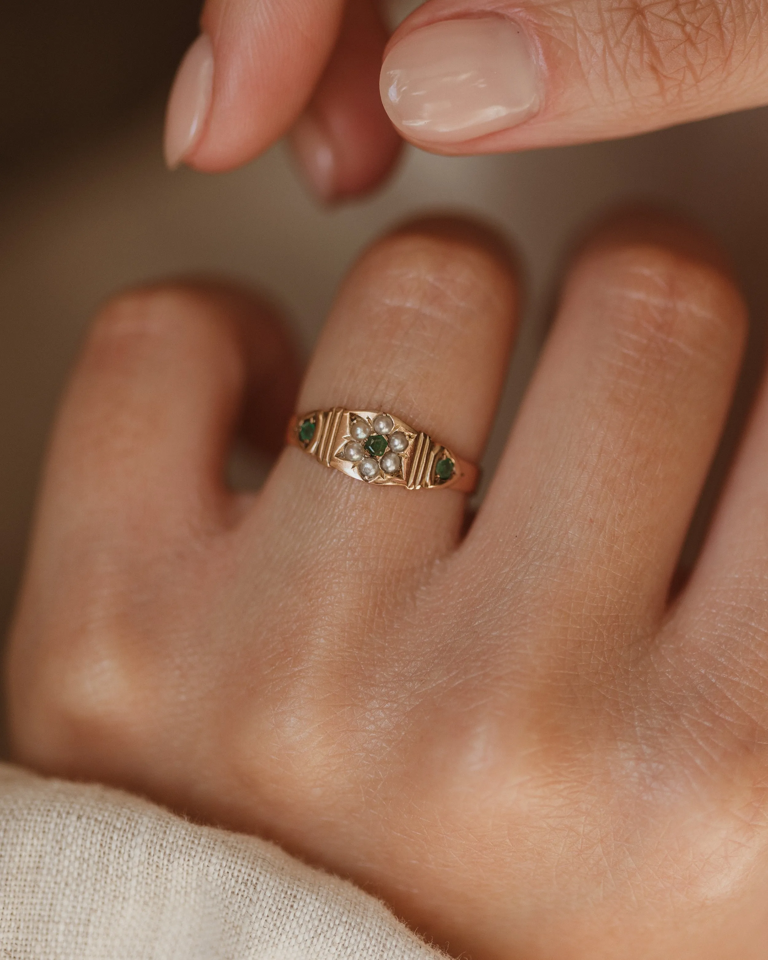 Faye Antique 15ct Gold Emerald & Pearl Ring sold by Rock n Rose