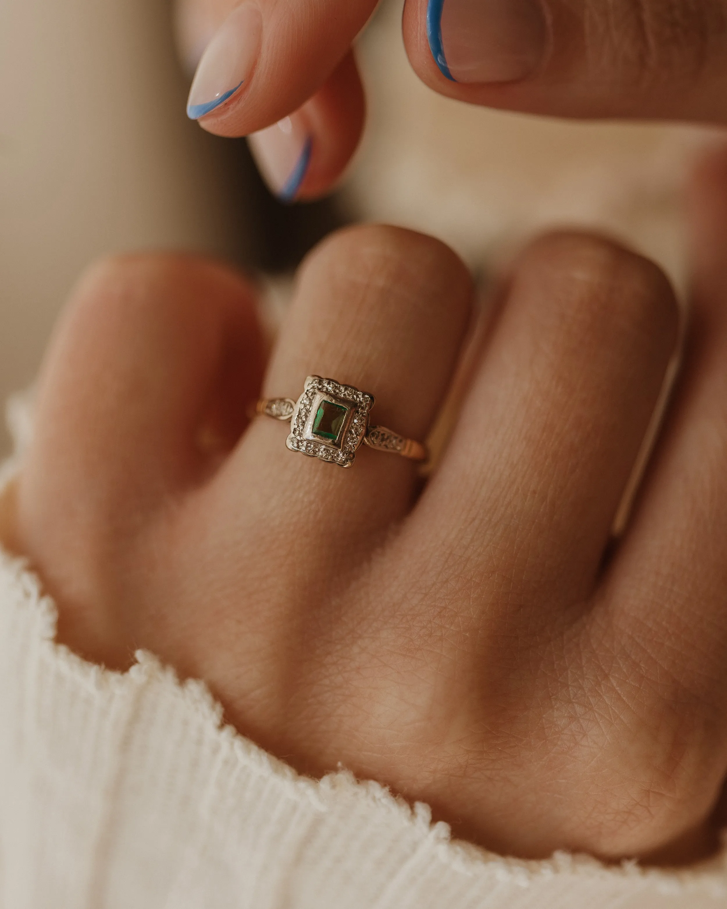 Veronica Vintage 18ct Gold Emerald & Diamond Square Cluster Ring sold by Rock n Rose product image thumbnail 5
