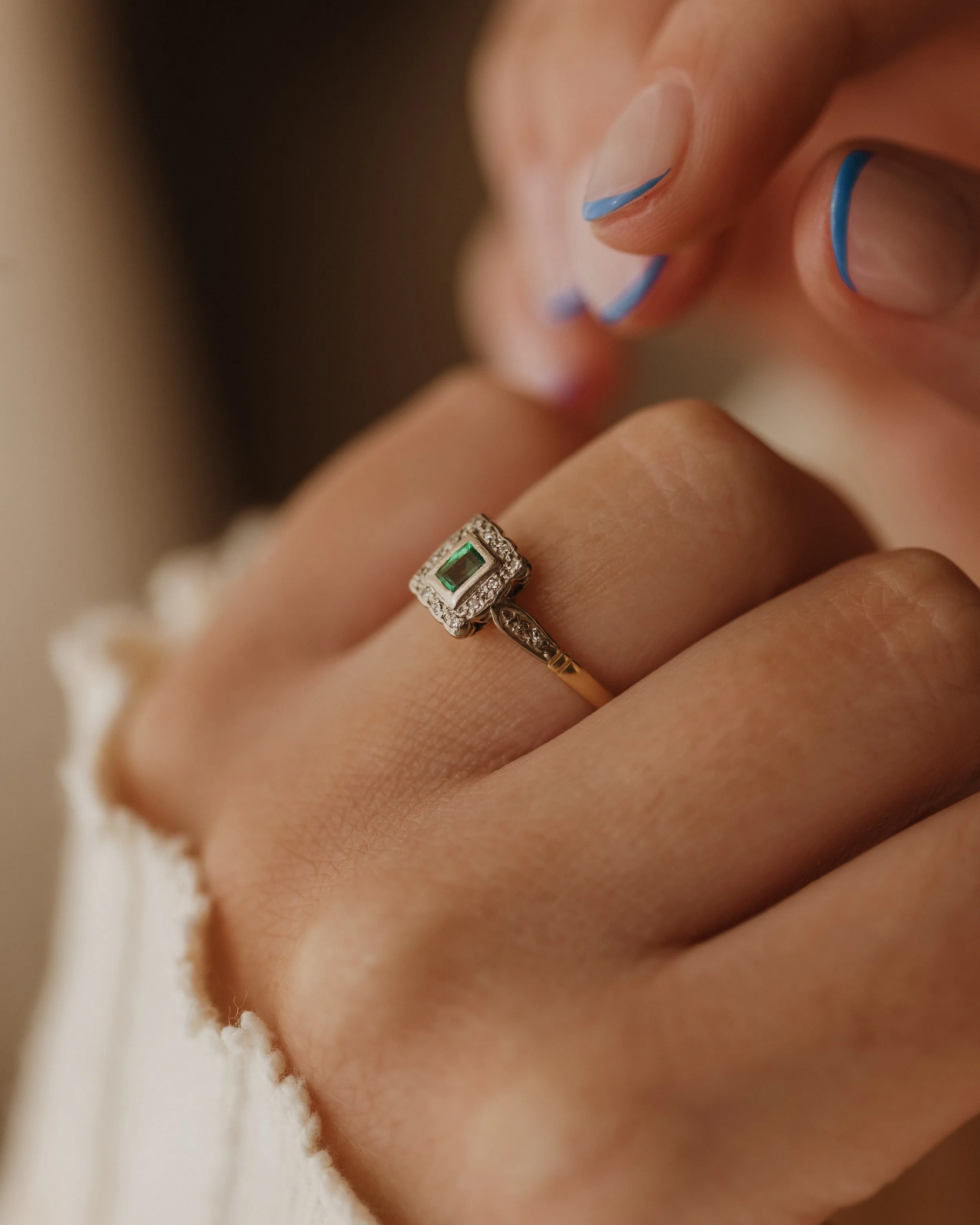 Veronica Vintage 18ct Gold Emerald & Diamond Square Cluster Ring sold by Rock n Rose