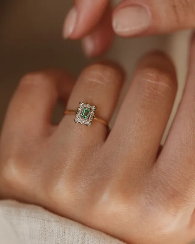 Astrid Antique 18ct Gold Emerald & Diamond Square Cluster Ring sold by Rock n Rose