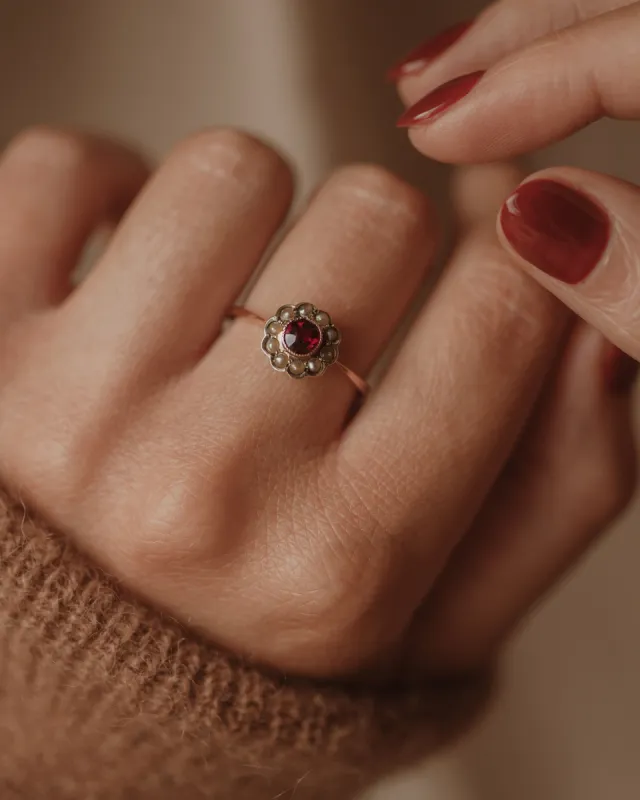 Ethel 1919 9ct Gold Garnet & Pearl Flower Cluster Ring sold by Rock n Rose