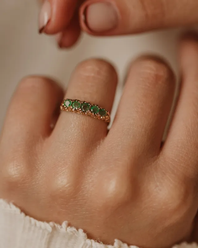Verity 1976 Vintage 9ct Gold Emerald Five Stone Ring sold by Rock n Rose