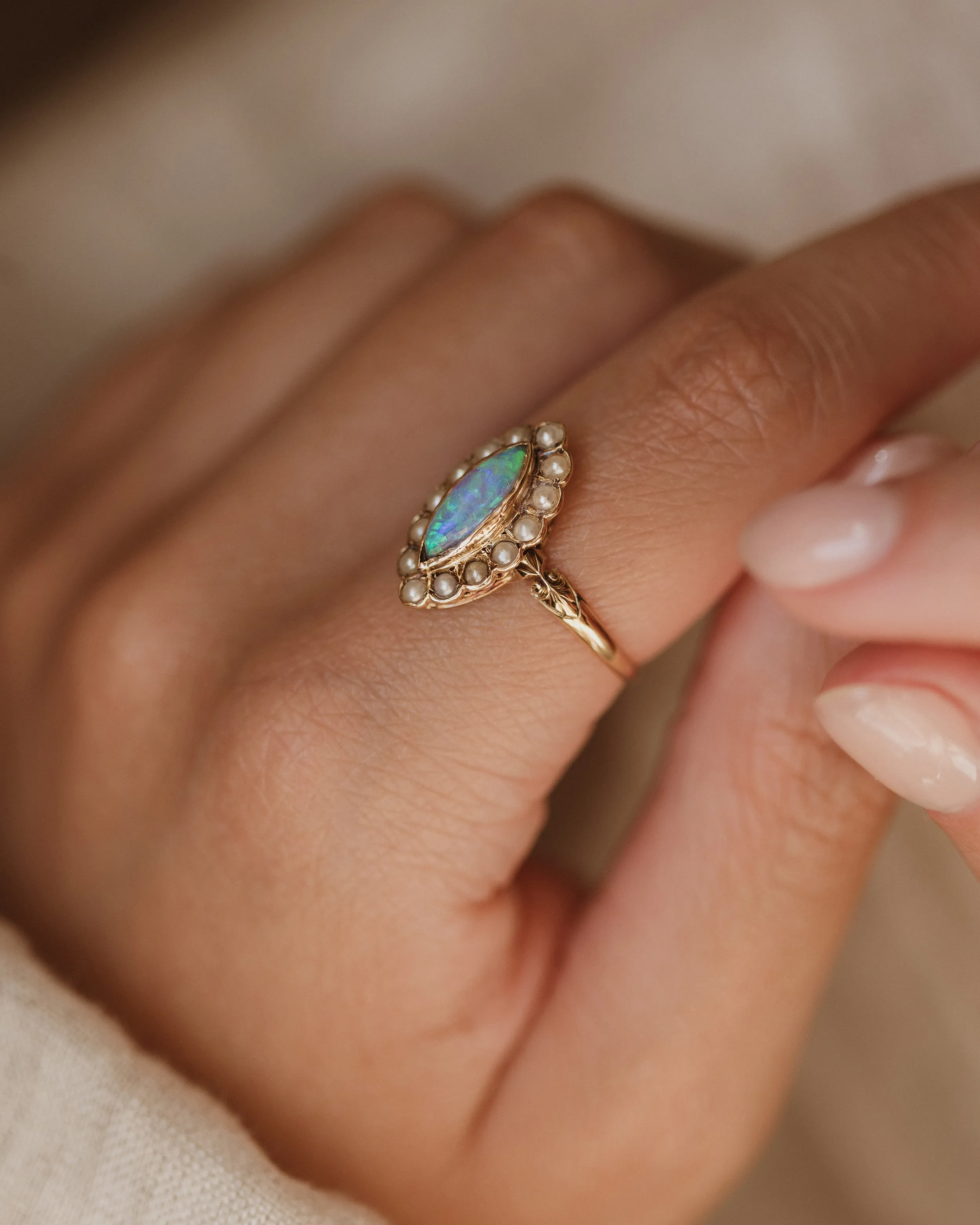 Ernestine 1898 Antique 15ct Gold Opal & Pearl Marquise Ring sold by Rock n Rose product image thumbnail 2
