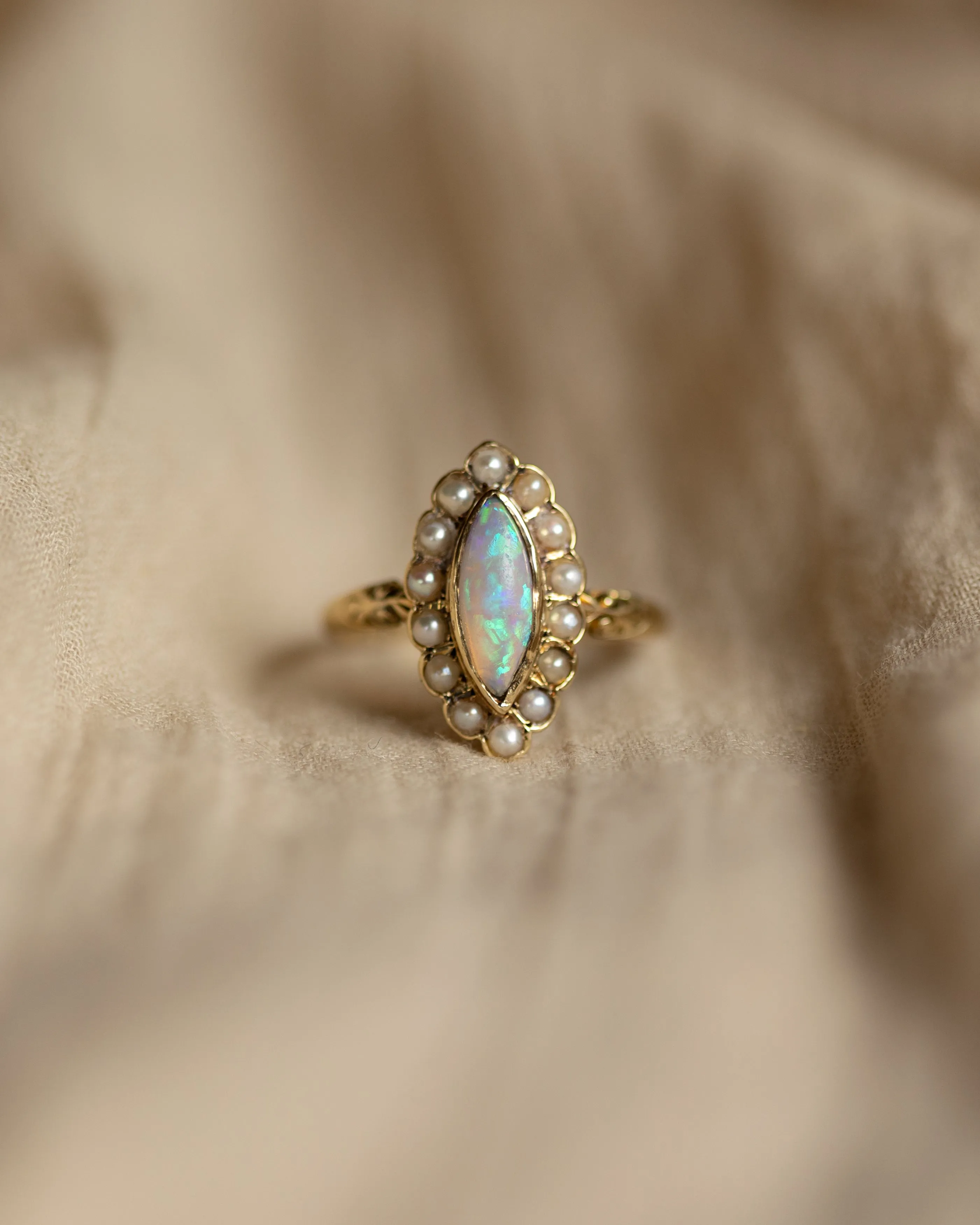 Ernestine 1898 Antique 15ct Gold Opal & Pearl Marquise Ring sold by Rock n Rose product image thumbnail 3