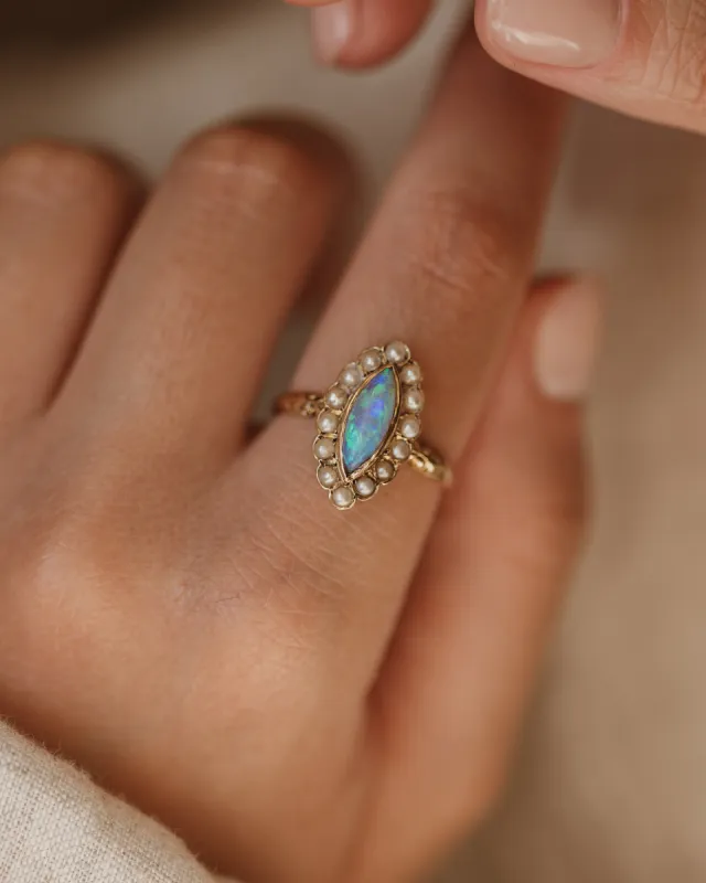 Ernestine 1898 Antique 15ct Gold Opal & Pearl Marquise Ring sold by Rock n Rose