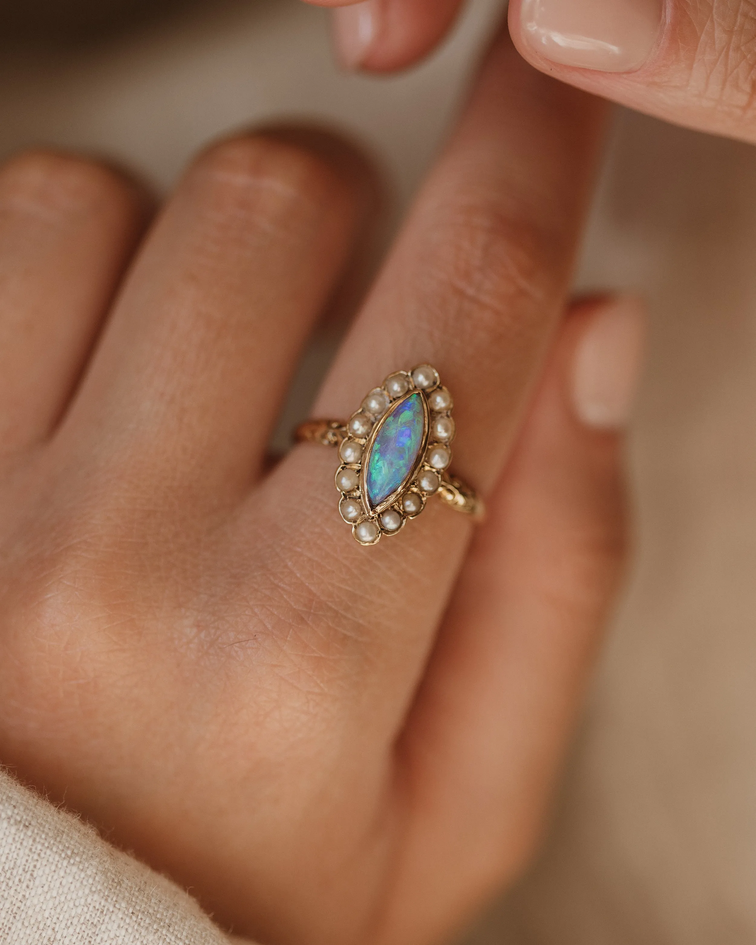 Ernestine 1898 Antique 15ct Gold Opal & Pearl Marquise Ring sold by Rock n Rose