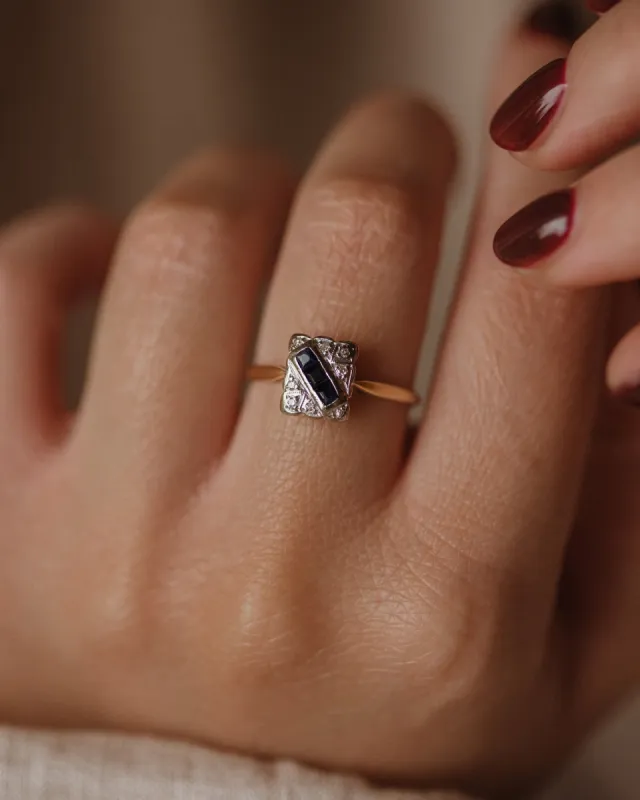 Aster Art Deco Antique 18ct Gold Sapphire, Emerald & Diamond Panel Ring sold by Rock n Rose