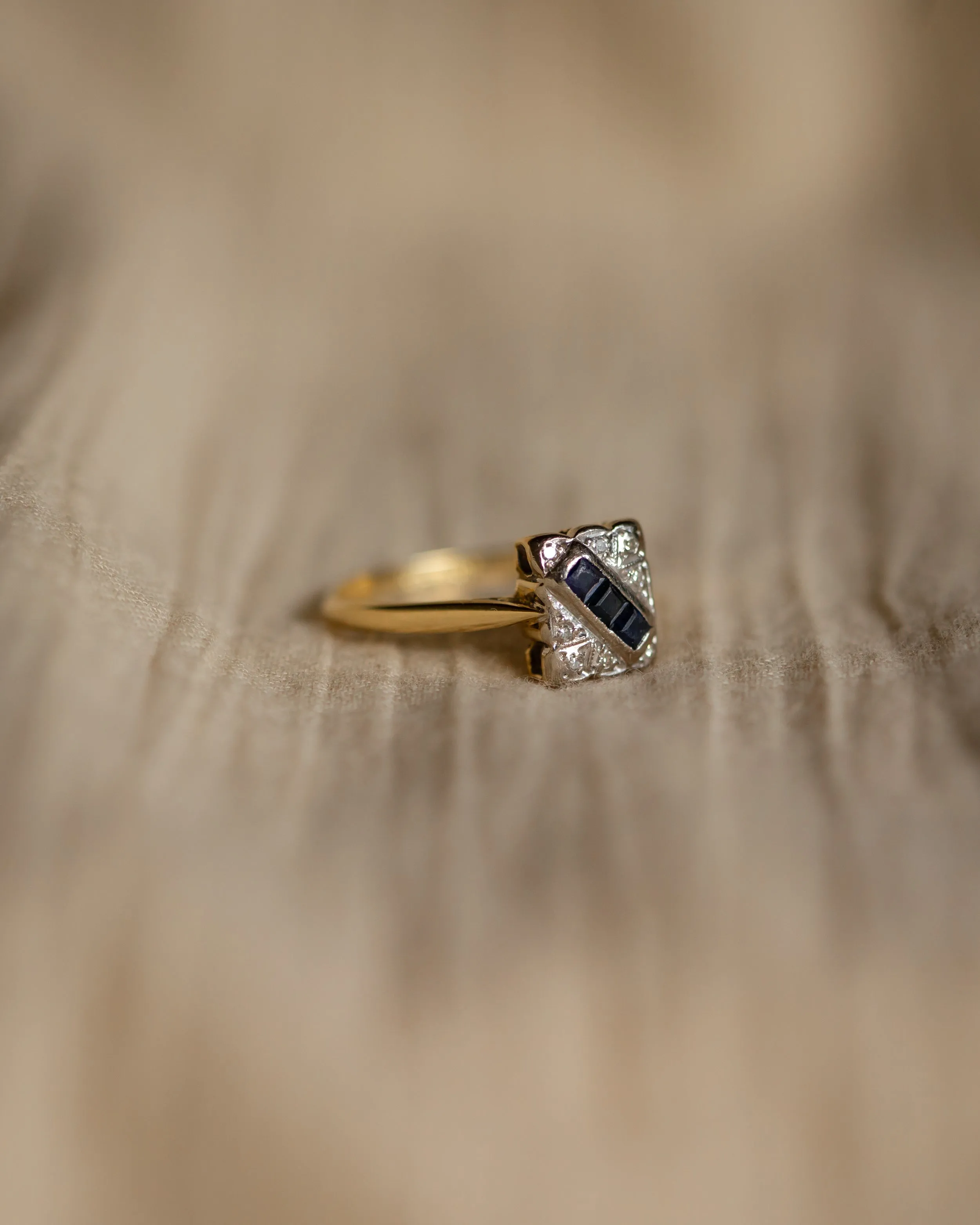 Aster Art Deco Antique 18ct Gold Sapphire, Emerald & Diamond Panel Ring sold by Rock n Rose product image thumbnail 4