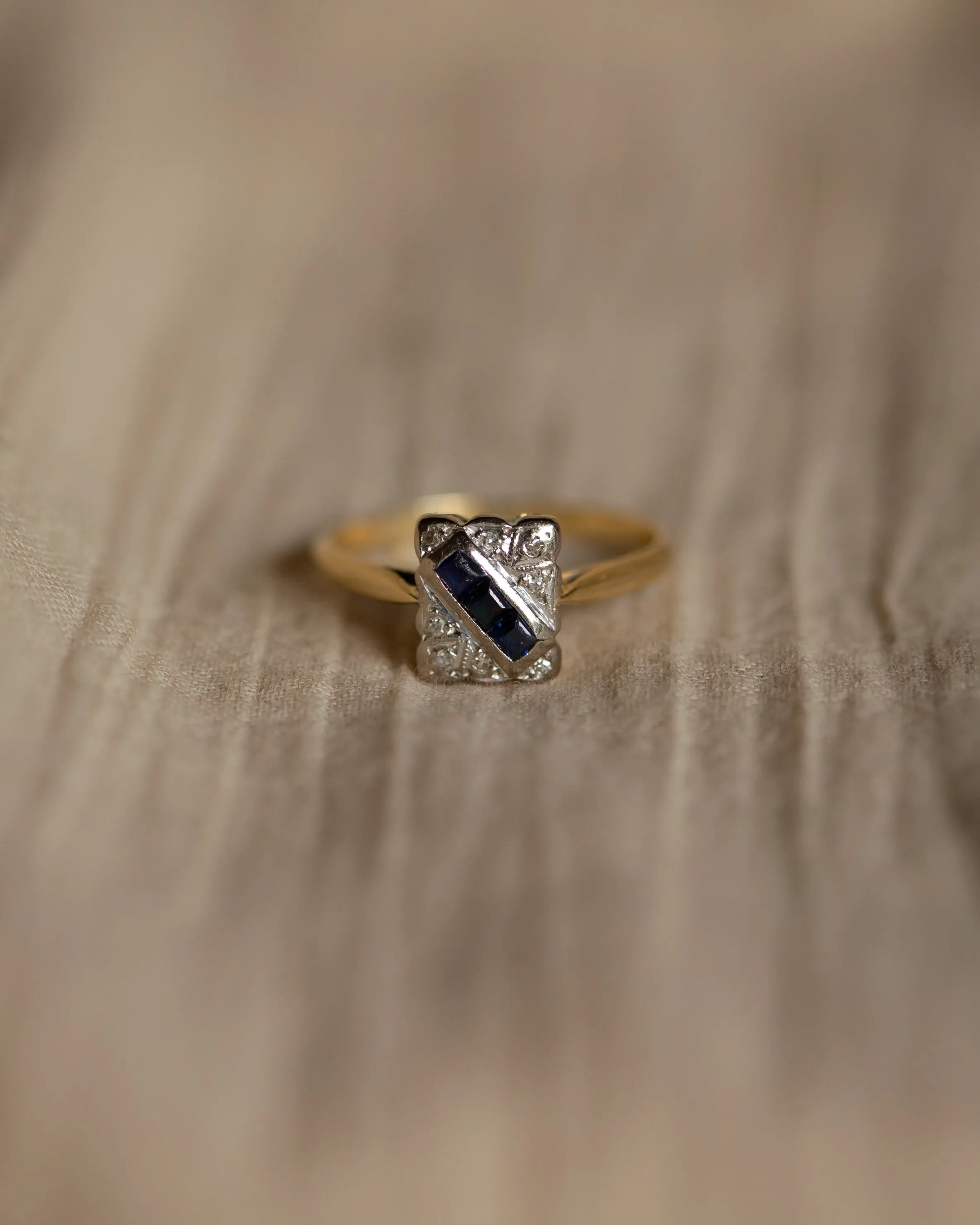 Aster Art Deco Antique 18ct Gold Sapphire, Emerald & Diamond Panel Ring sold by Rock n Rose product image thumbnail 2