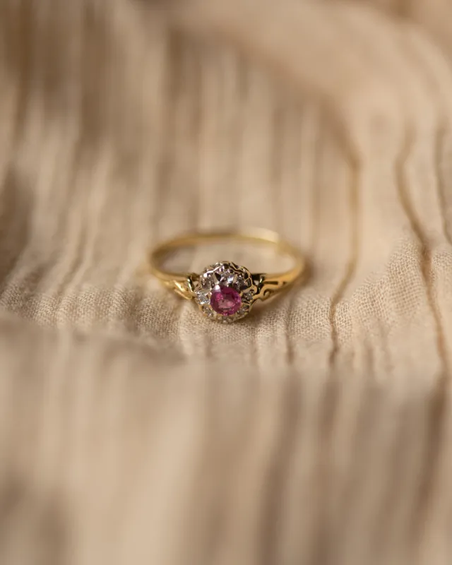 Helena 1985 Vintage 9ct Gold Ruby & Diamond Cluster Ring sold by Rock n Rose