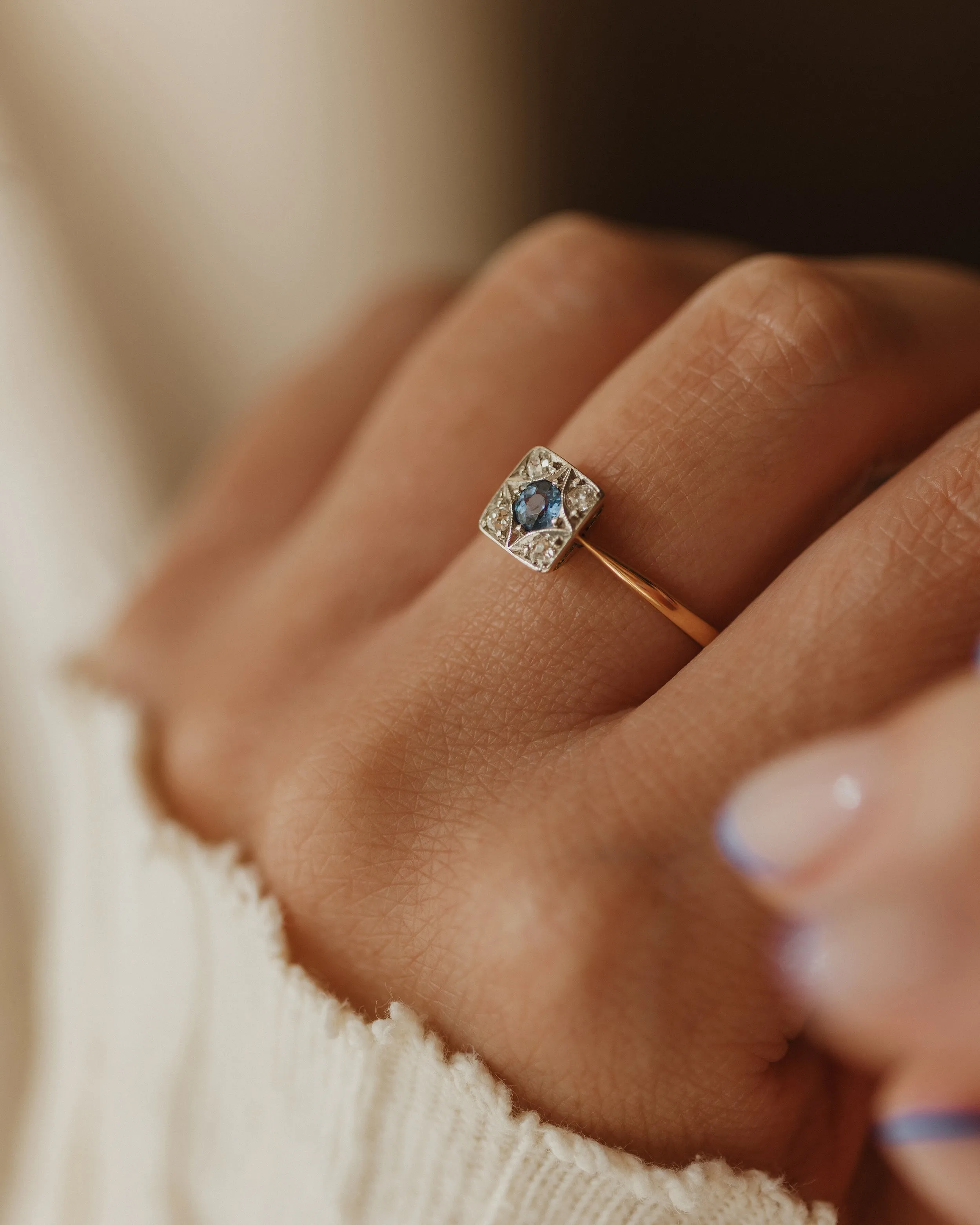 Camille Antique 18ct Gold Sapphire & Diamond Square Cluster Ring sold by Rock n Rose product image thumbnail 3