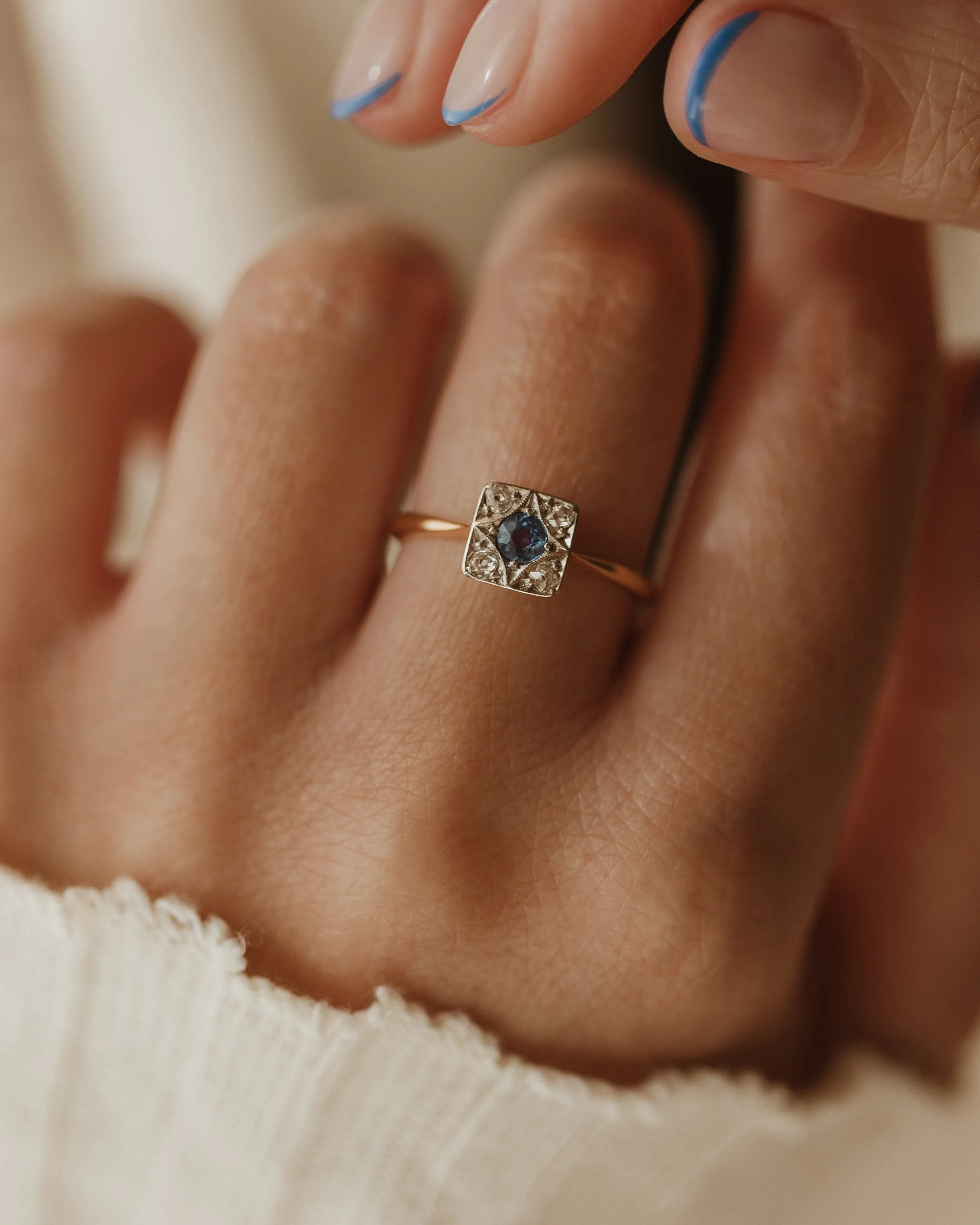 Camille Antique 18ct Gold Sapphire & Diamond Square Cluster Ring sold by Rock n Rose product image thumbnail 2