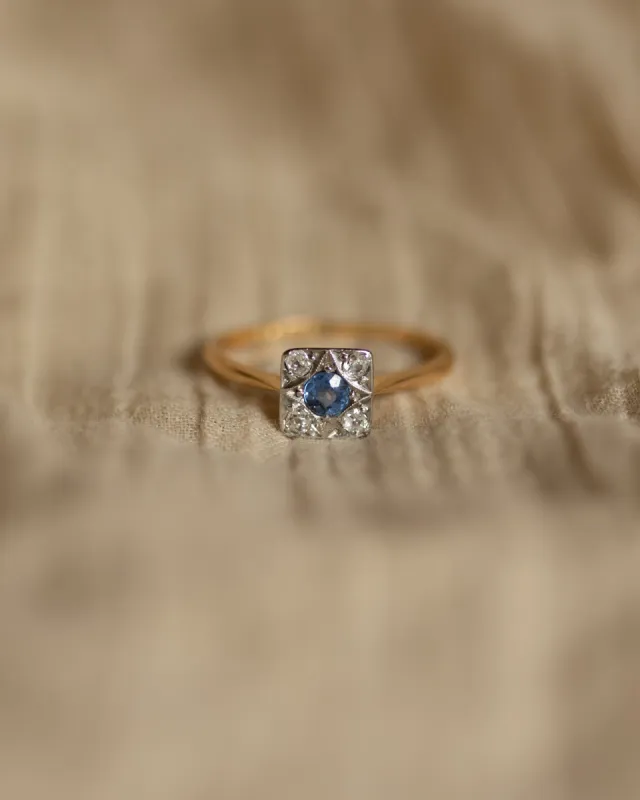 Camille Antique 18ct Gold Sapphire & Diamond Square Cluster Ring sold by Rock n Rose