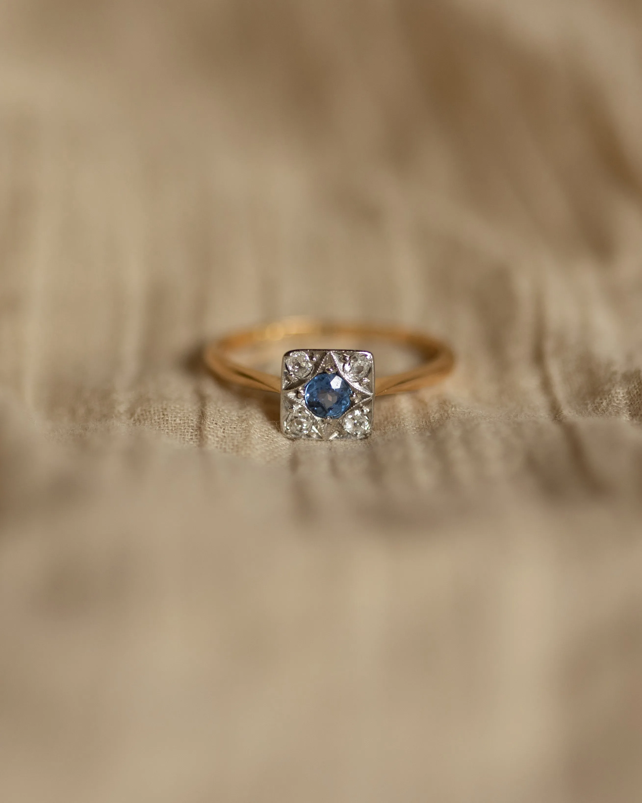 Camille Antique 18ct Gold Sapphire & Diamond Square Cluster Ring sold by Rock n Rose