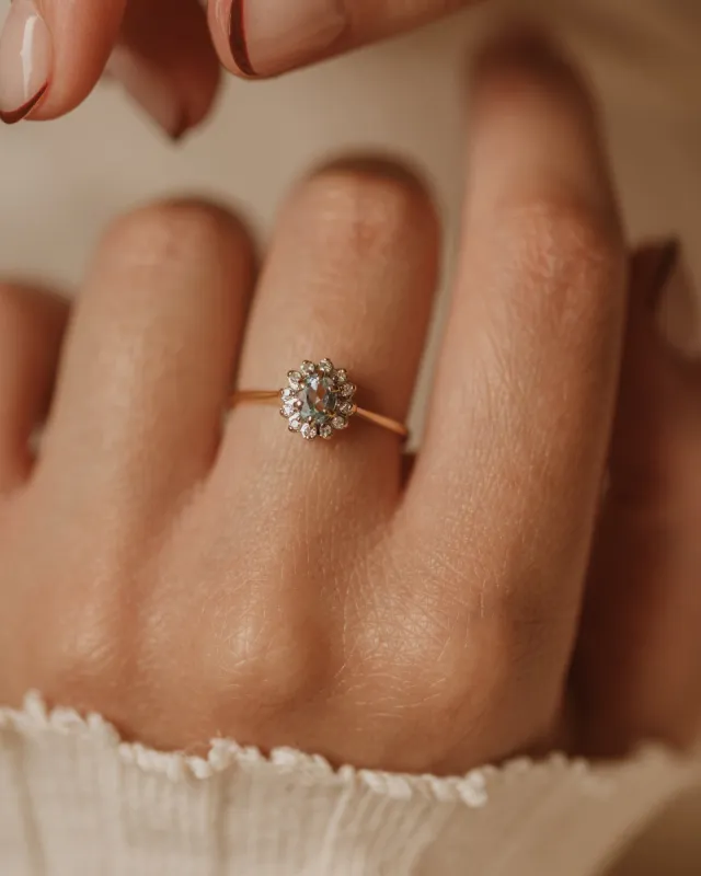 Winnie 1989 Vintage 9ct Gold Aquamarine & Diamond Cluster Ring sold by Rock n Rose