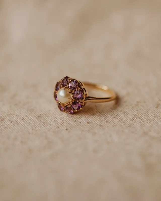 Lissie Vintage 9ct Gold Amethyst & Pearl Cluster Ring sold by Rock n Rose