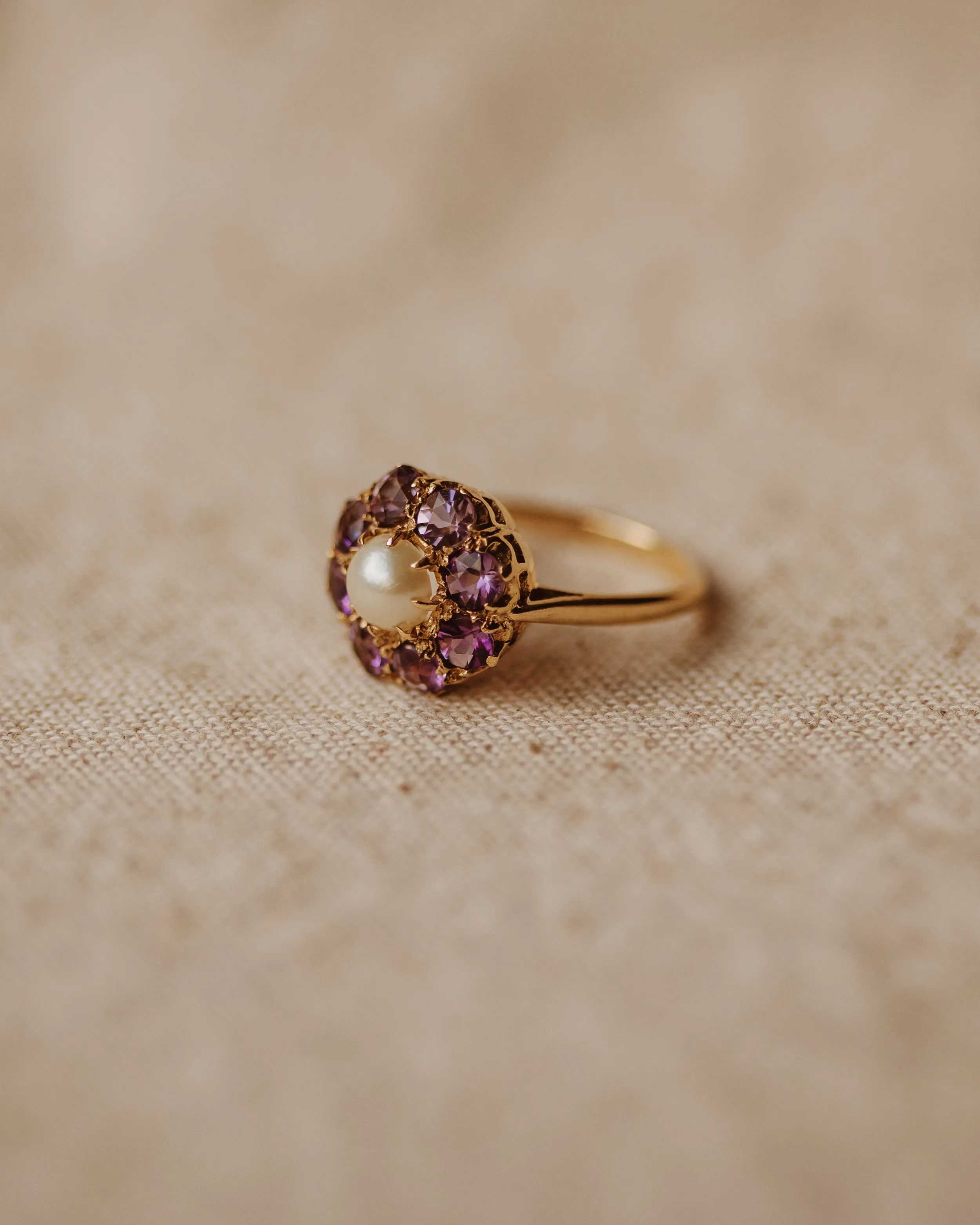 Lissie Vintage 9ct Gold Amethyst & Pearl Cluster Ring sold by Rock n Rose