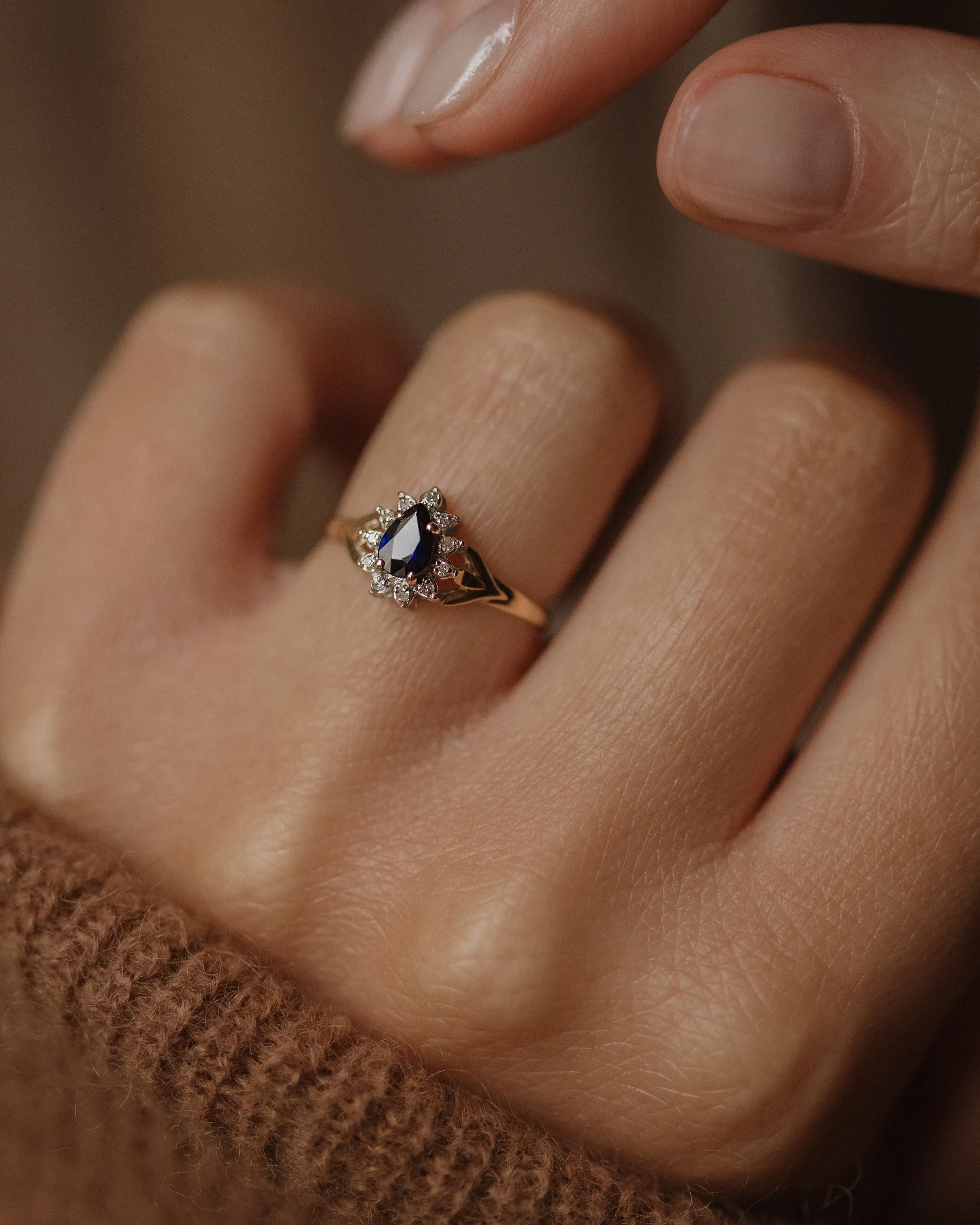 Mary 1985 Vintage 9ct Gold Pear Sapphire & Diamond Cluster Ring sold by Rock n Rose