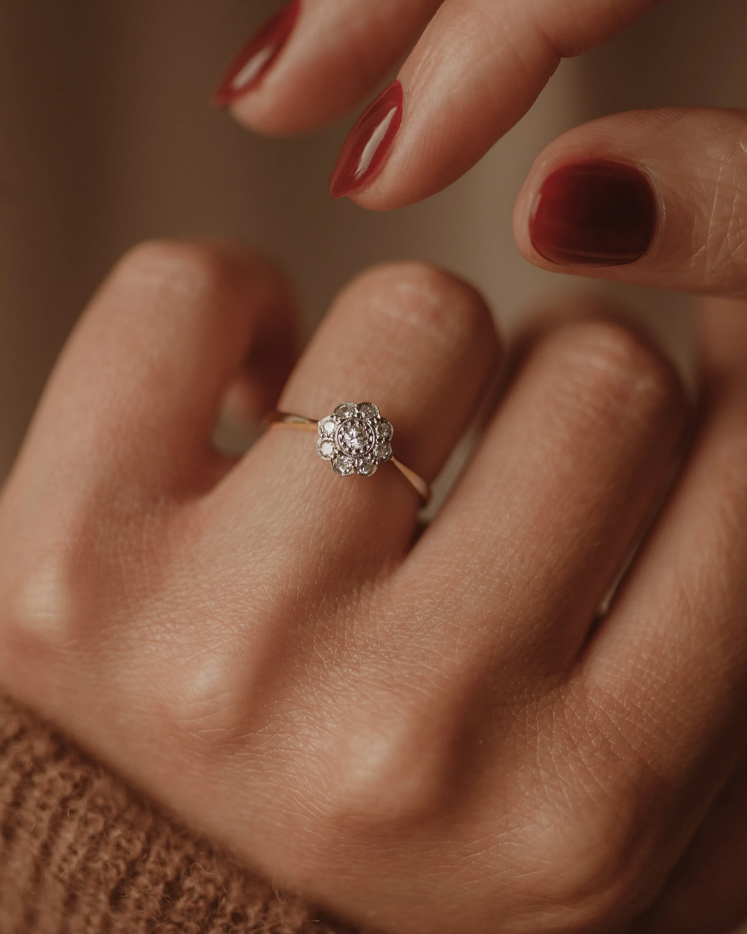 Margaret Antique 18ct Gold Diamond Daisy Cluster Ring sold by Rock n Rose