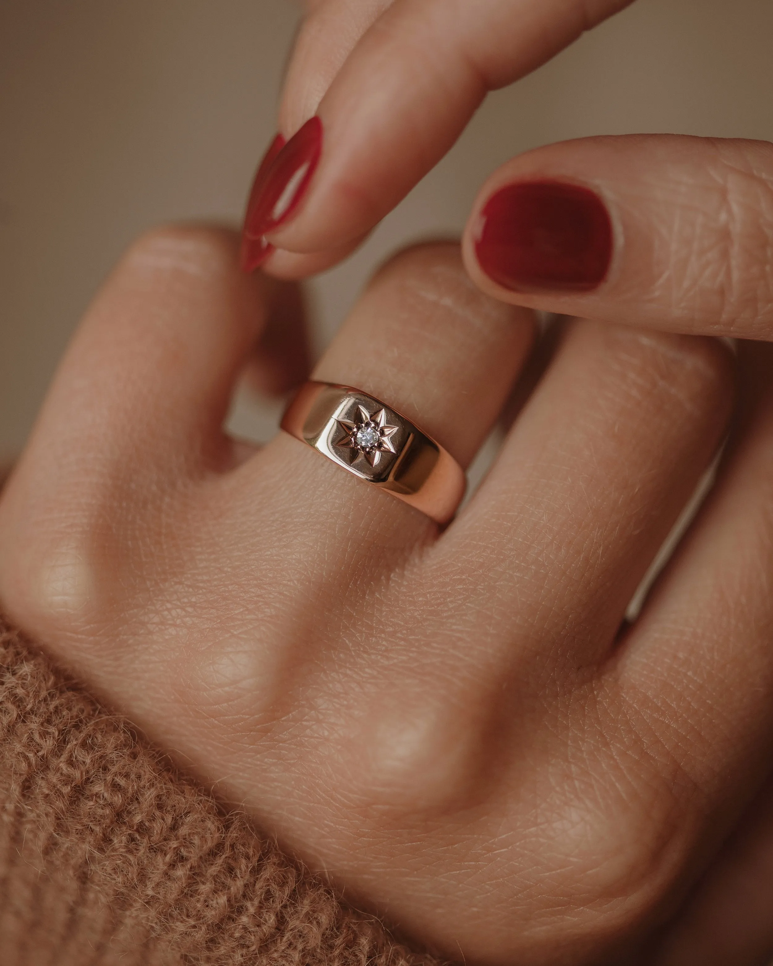 Estelle 1870 Antique 9ct Gold Star Set Diamond Signet Ring sold by Rock n Rose