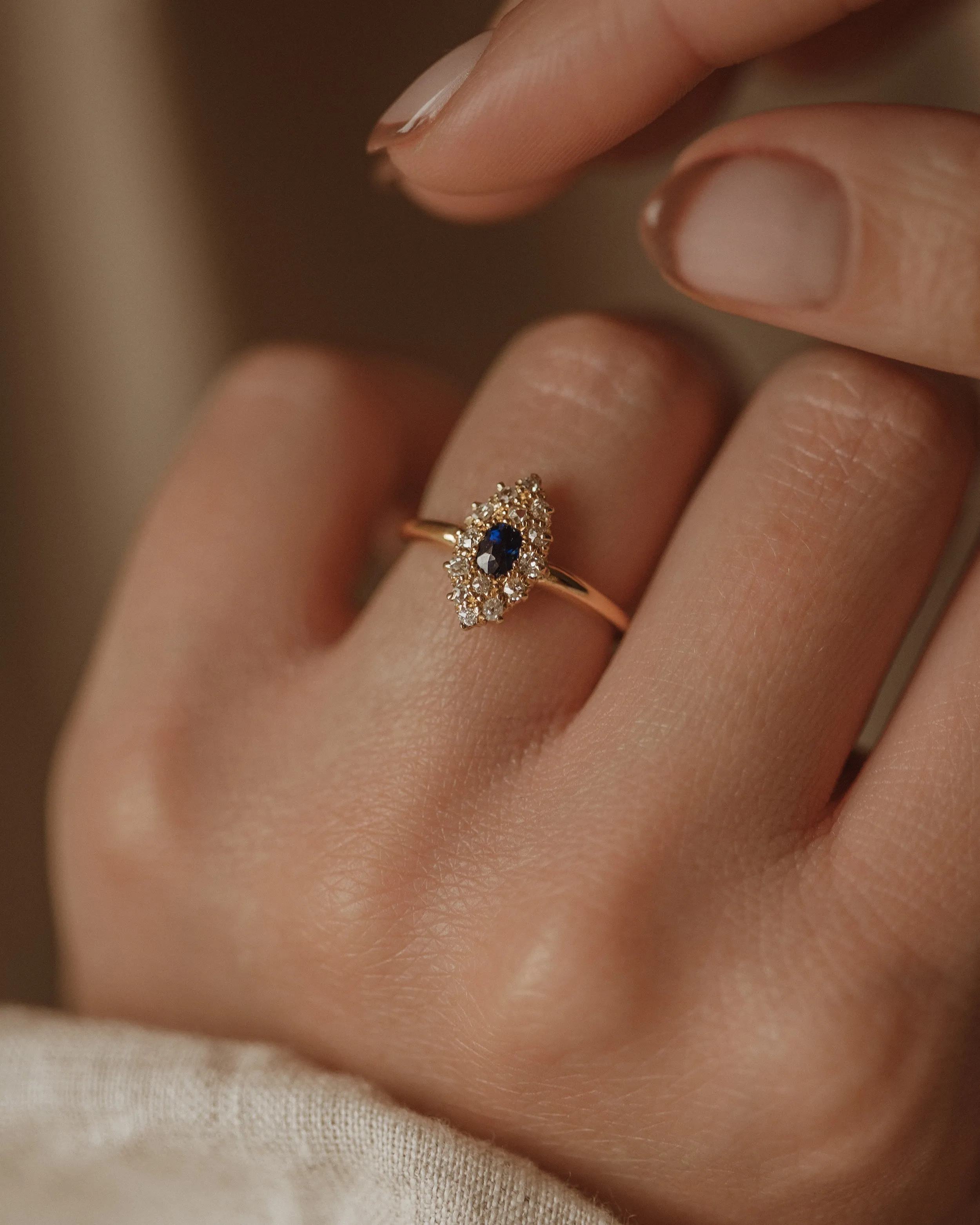 Martha 1918 18ct Gold Sapphire & Diamond Navette Ring sold by Rock n Rose