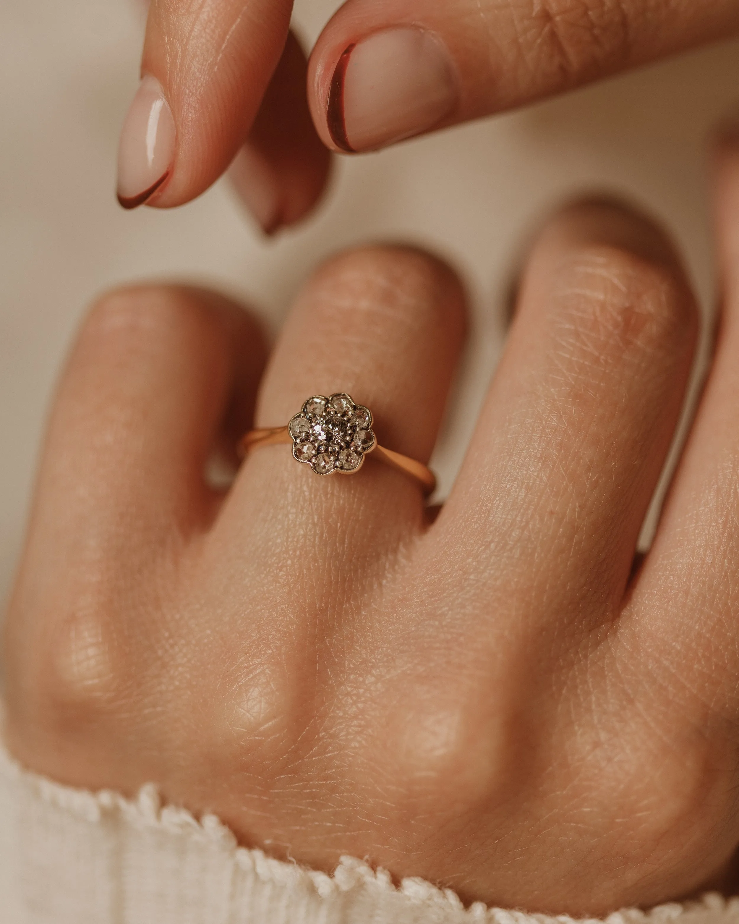 Augustina Antique 18ct Gold Diamond Daisy Cluster Ring sold by Rock n Rose