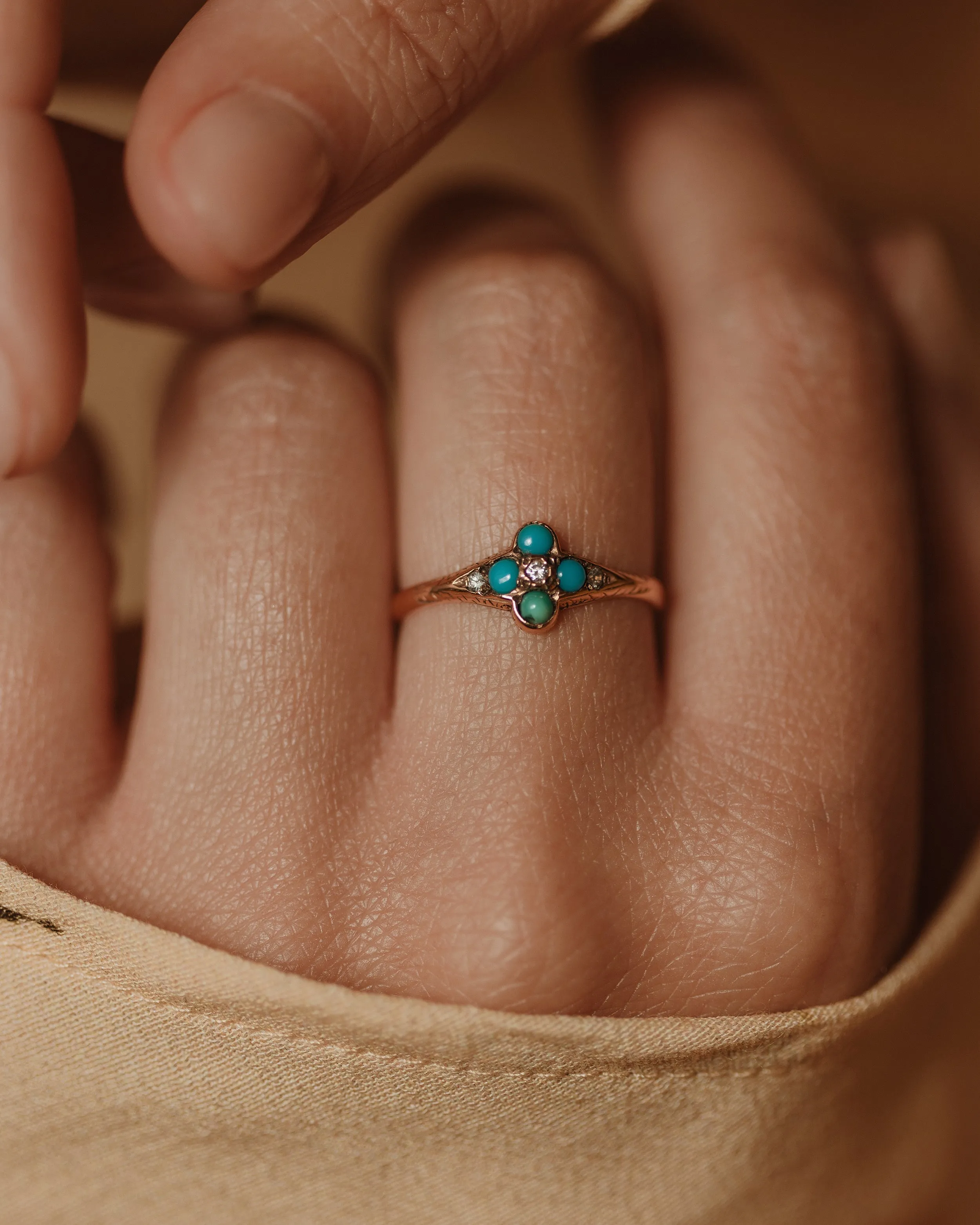 Flora Antique 9ct Gold Turquoise & Paste Cluster Ring sold by Rock n Rose