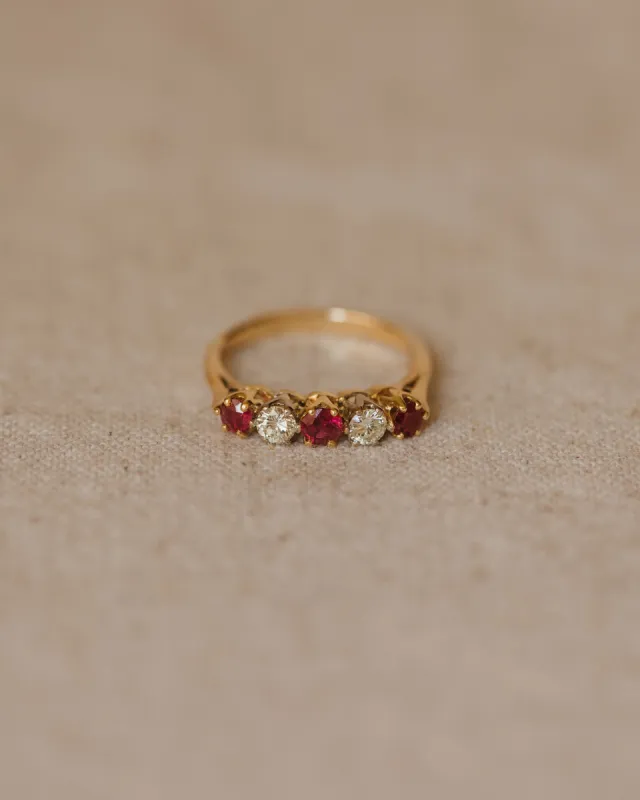 Agnes Vintage 18ct Gold Ruby & Diamond Five Stone Ring sold by Rock n Rose