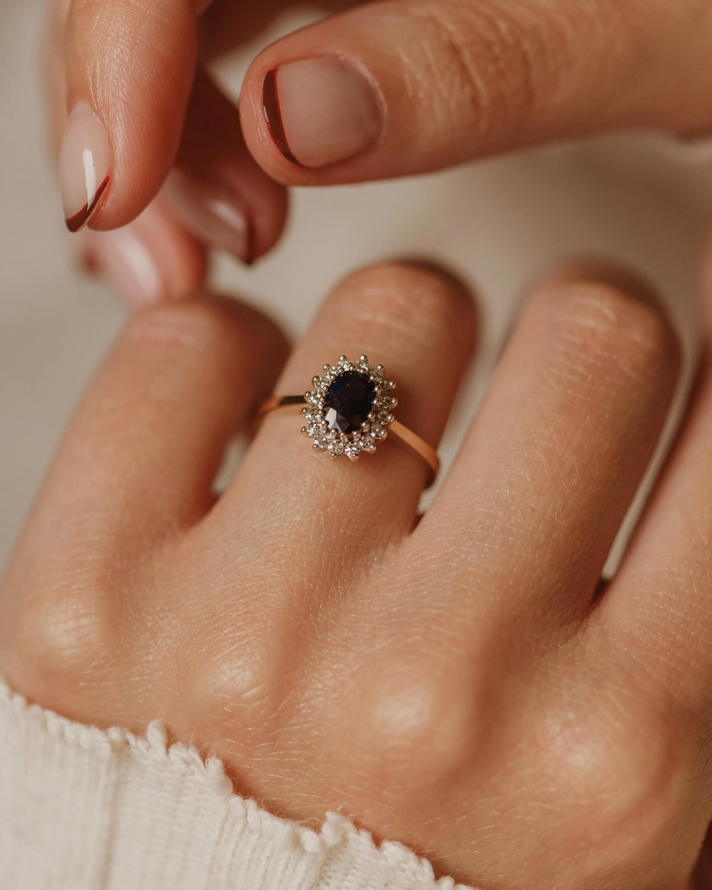 Clover 1990 Vintage 9ct Gold Sapphire & Diamond Cluster Ring sold by Rock n Rose