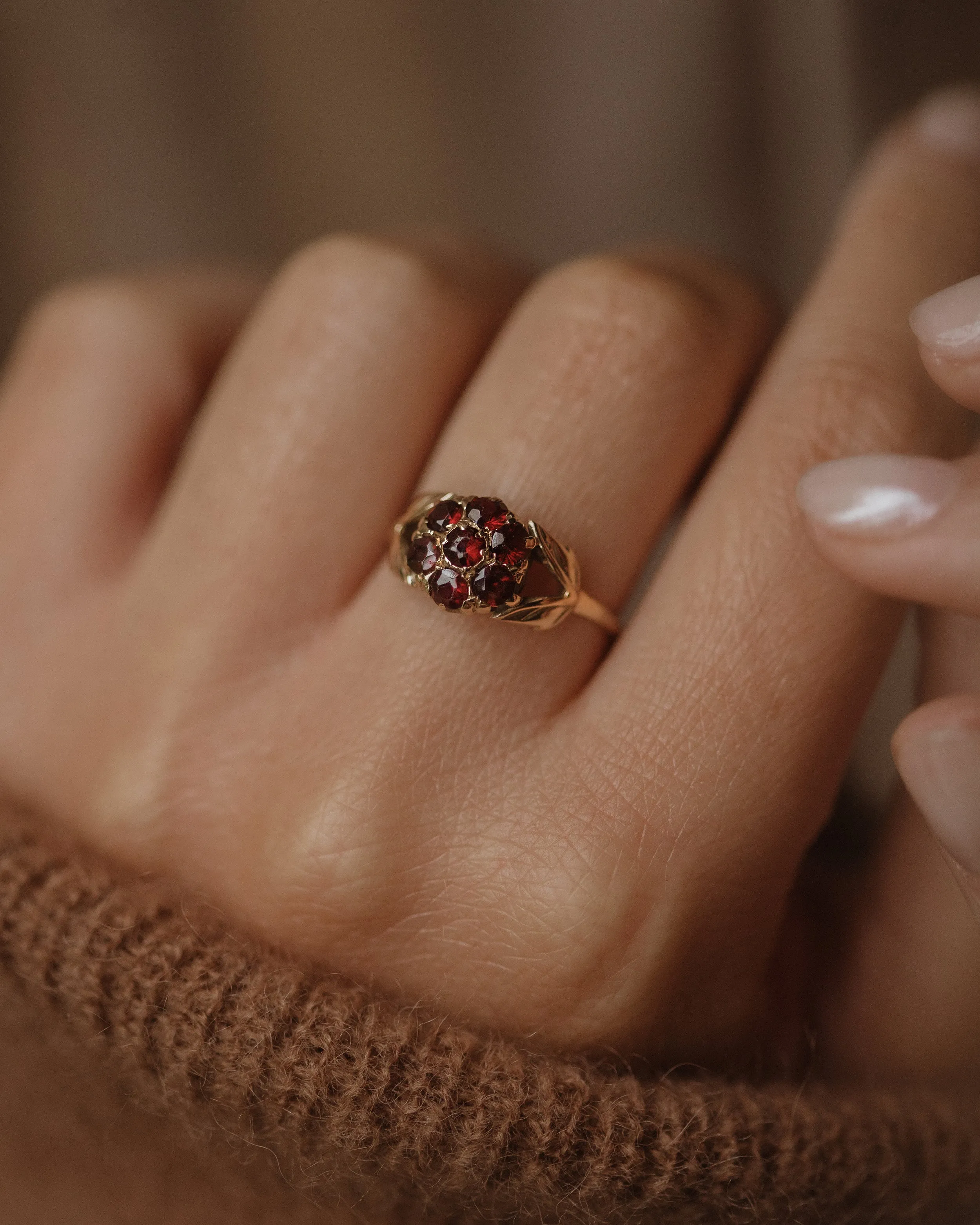 Flora Vintage 9ct Gold Garnet Flower Cluster Ring sold by Rock n Rose