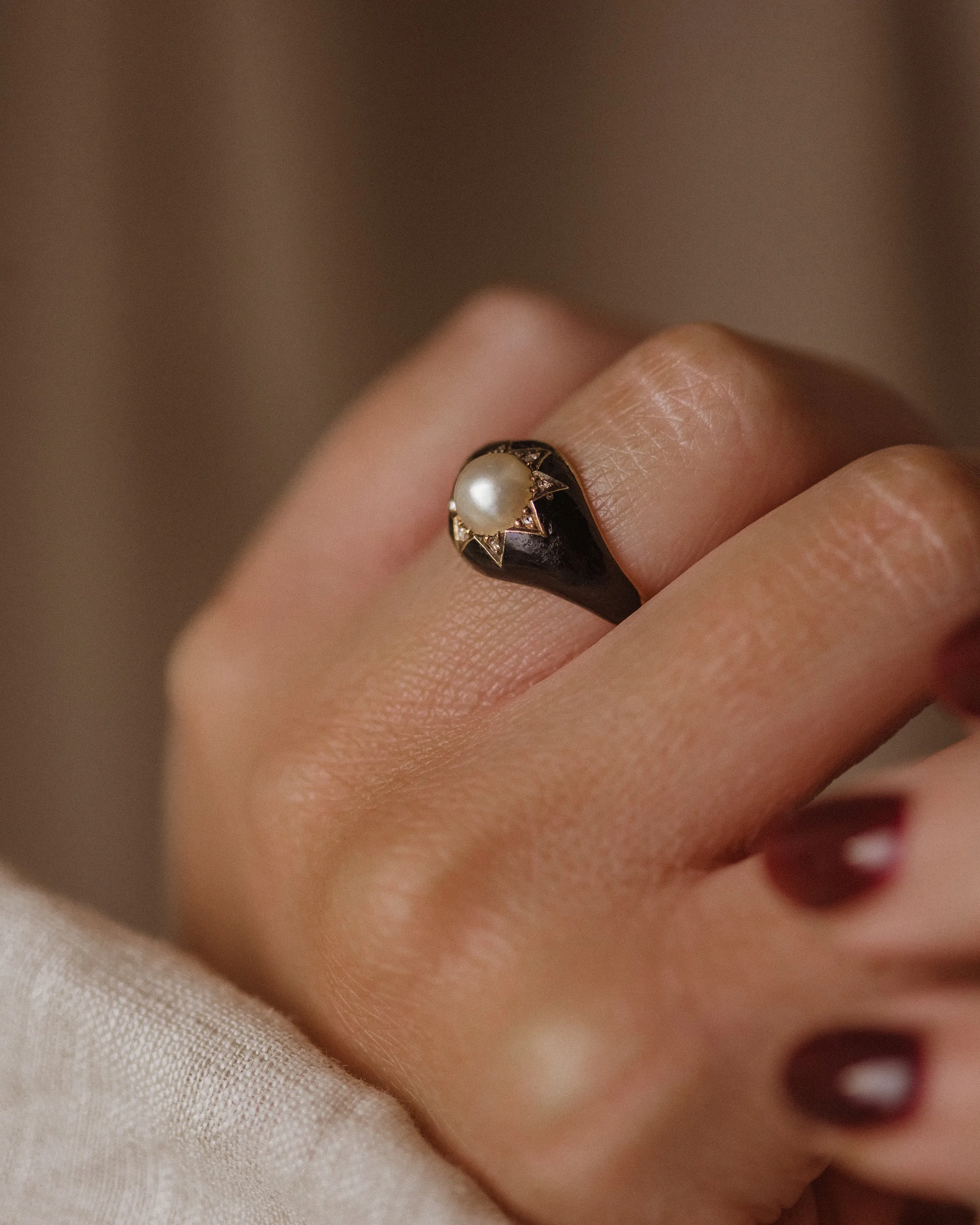 Sybil 1869 Antique 18ct Gold Pearl, Diamond & Black Enamel Mourning Ring sold by Rock n Rose product image thumbnail 2