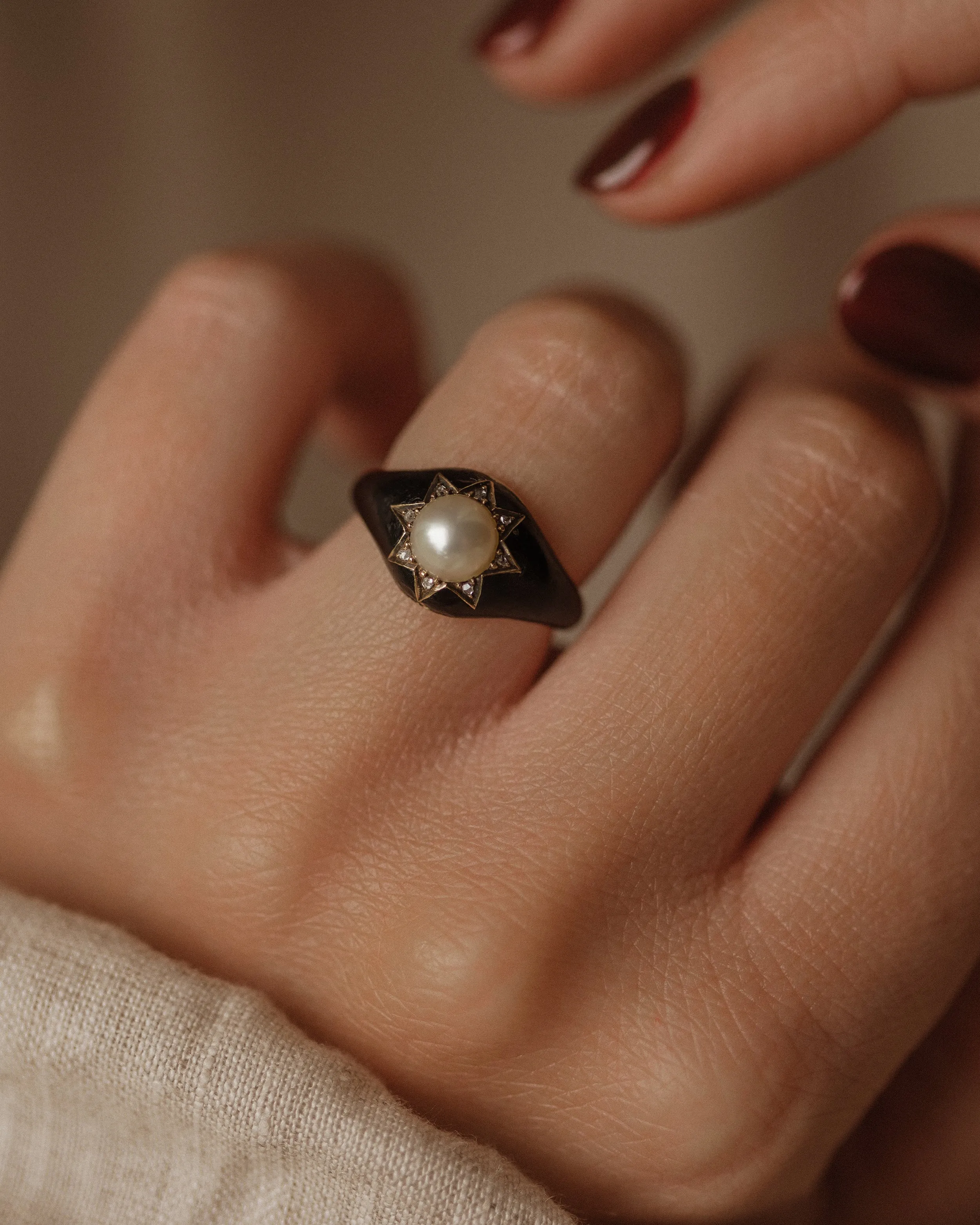 Sybil 1869 Antique 18ct Gold Pearl, Diamond & Black Enamel Mourning Ring sold by Rock n Rose