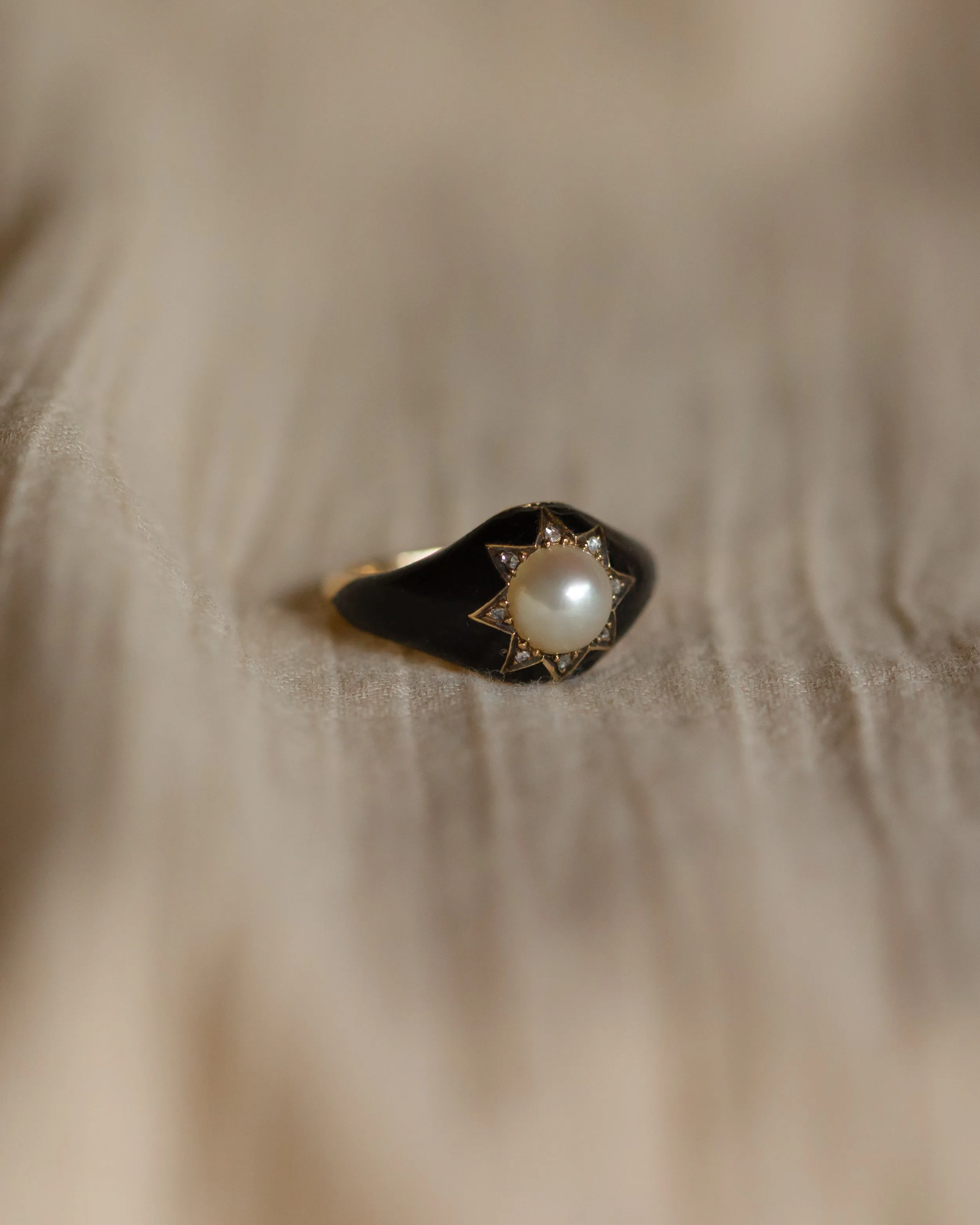 Sybil 1869 Antique 18ct Gold Pearl, Diamond & Black Enamel Mourning Ring sold by Rock n Rose product image thumbnail 4