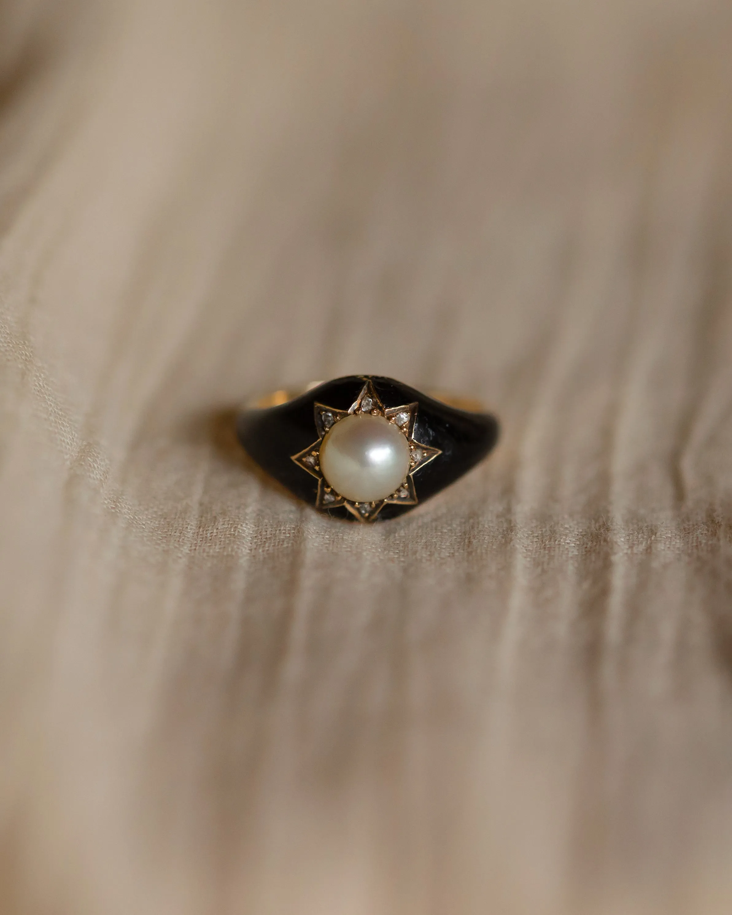 Sybil 1869 Antique 18ct Gold Pearl, Diamond & Black Enamel Mourning Ring sold by Rock n Rose product image thumbnail 3