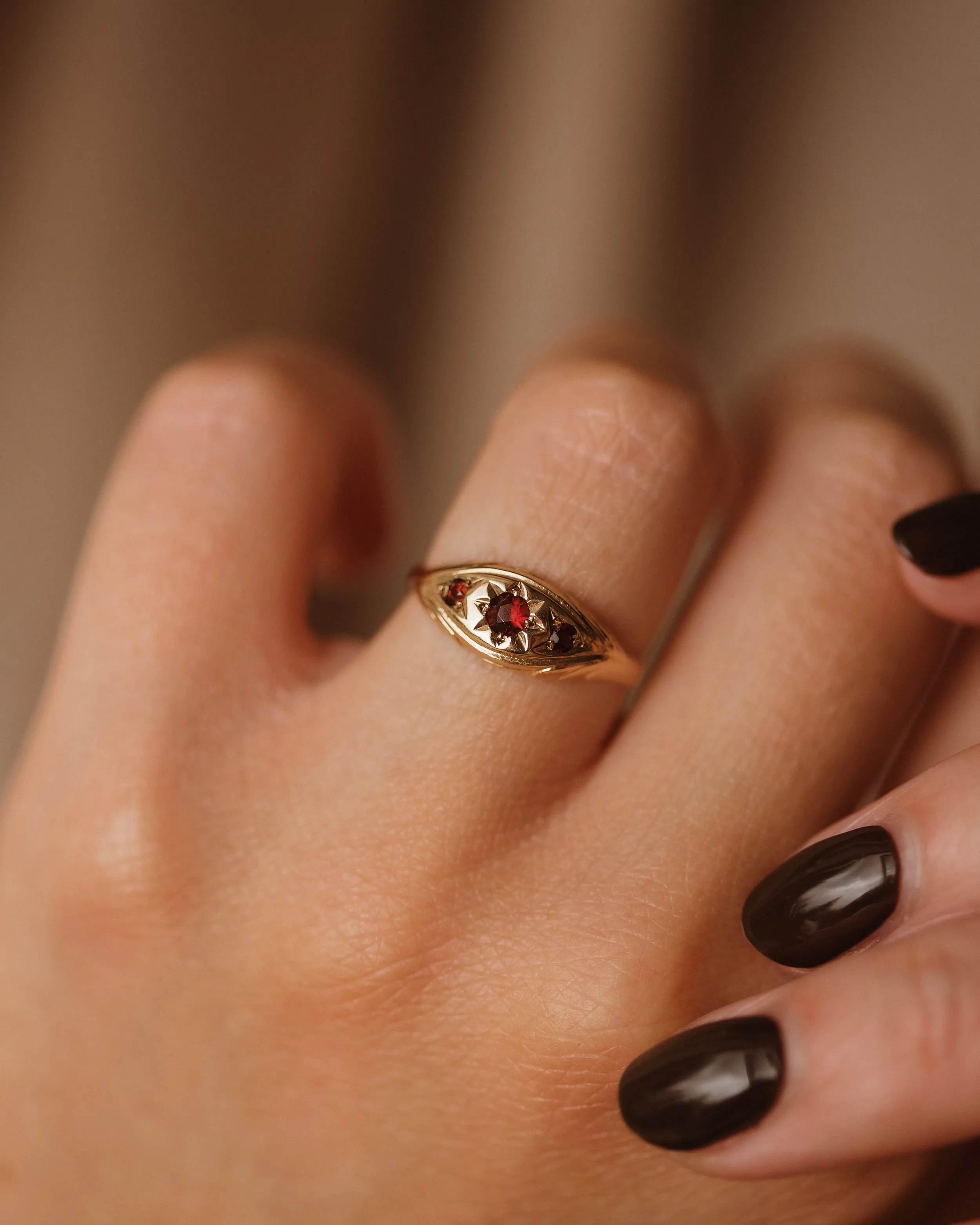 Rosamond 1980 9ct Gold Garnet Gypsy Ring sold by Rock n Rose