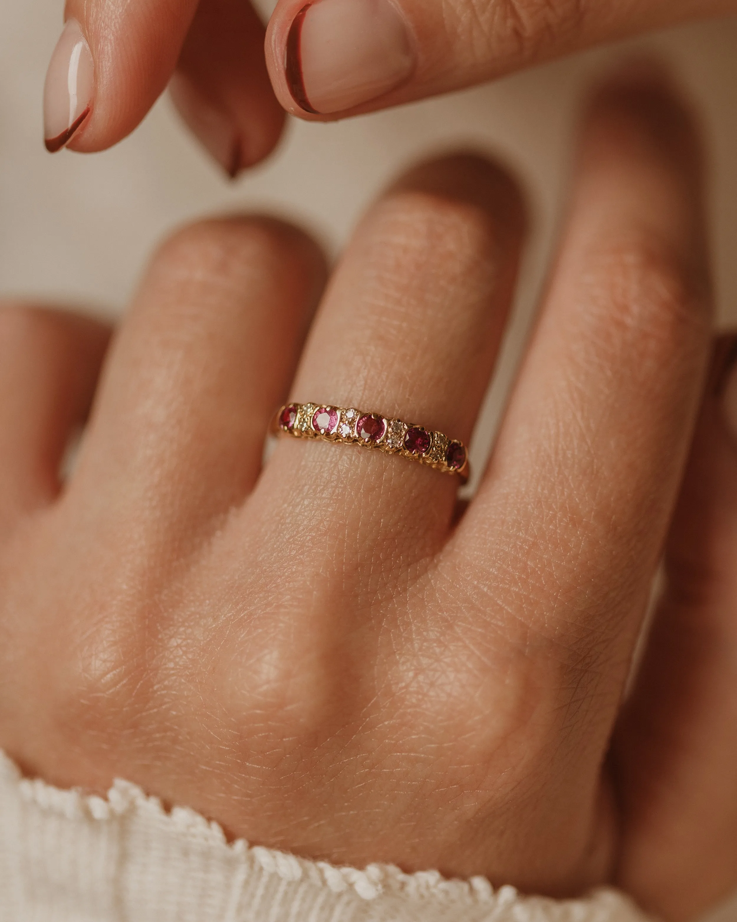 Rosalind 1989 Vintage 9ct Gold Ruby & Diamond Half Eternity Ring sold by Rock n Rose