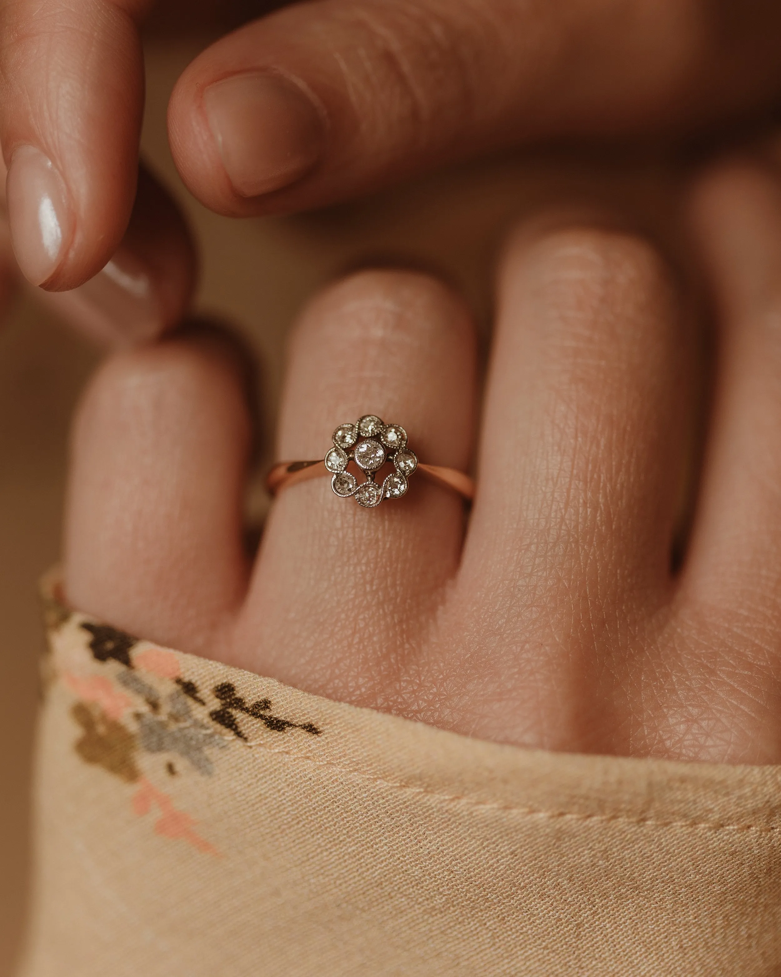 Amie Antique Art Deco 18ct Gold Diamond Flowerhead Cluster Ring sold by Rock n Rose