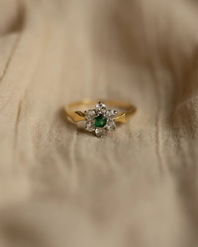 Sylvia Vintage 18ct Gold Emerald & Diamond Cluster Ring sold by Rock n Rose