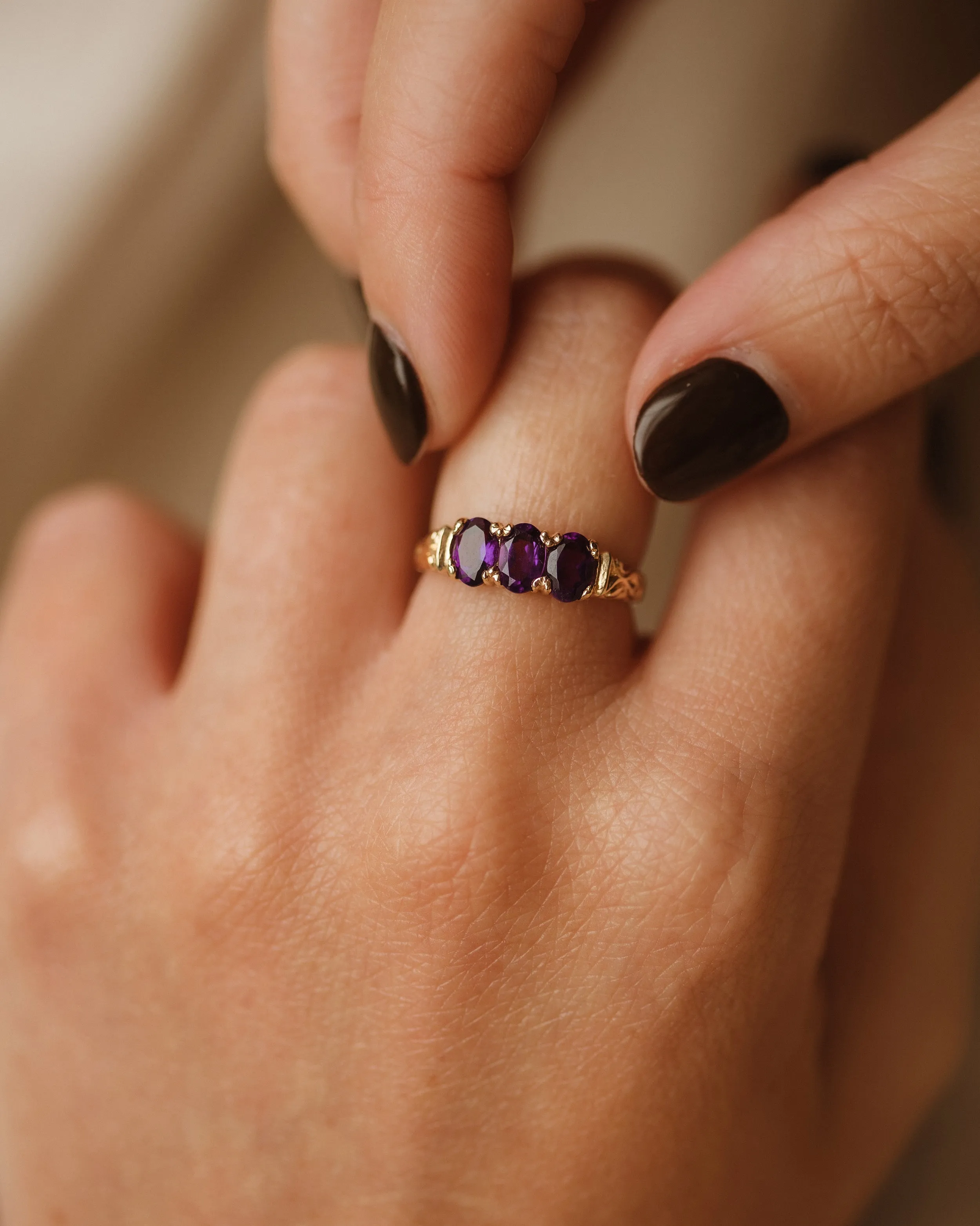 Mamie 1984 9ct Gold Amethyst Trilogy Ring sold by Rock n Rose